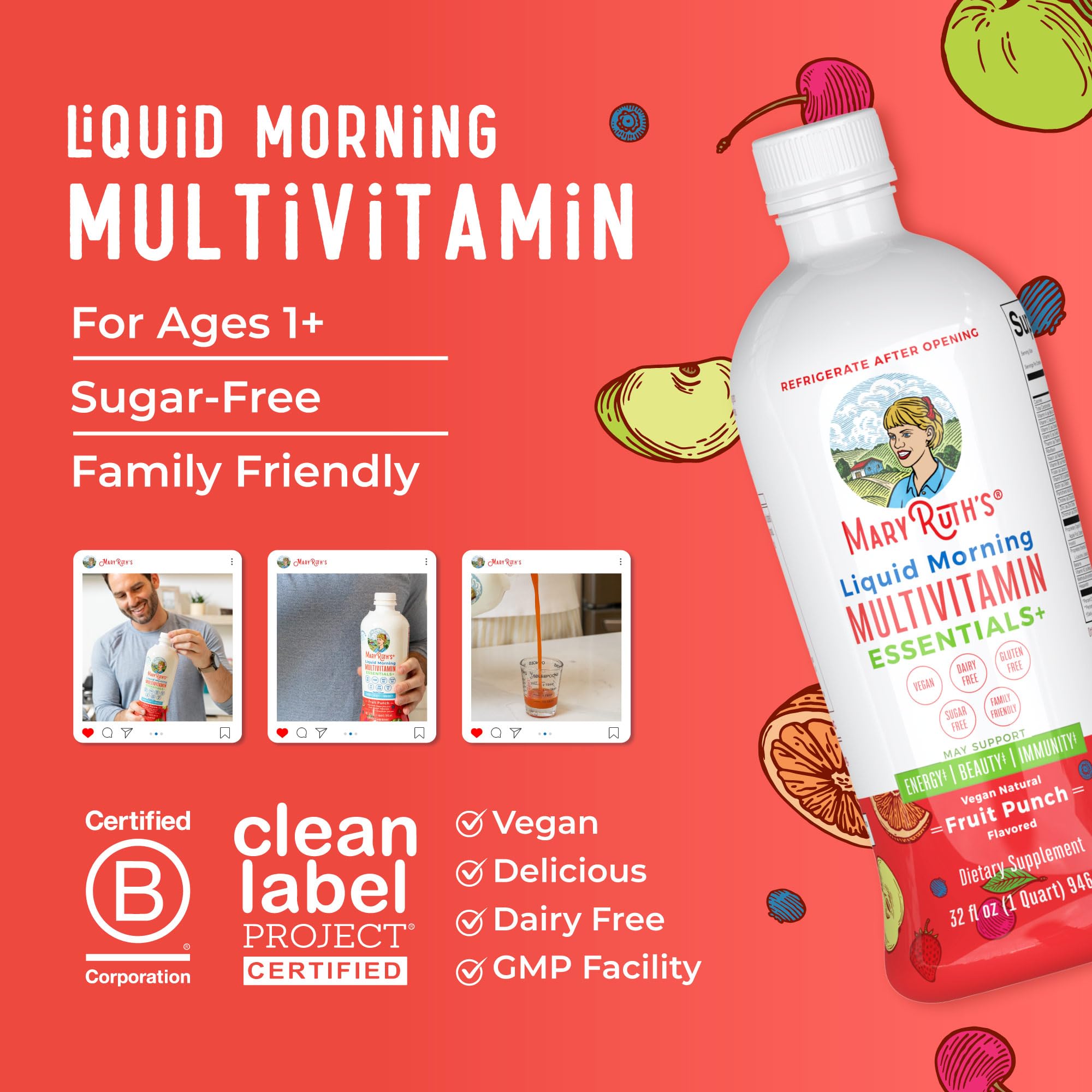 MARYRUTH'S Liquid Morning Multivitamin Essentials+ bottle with glass