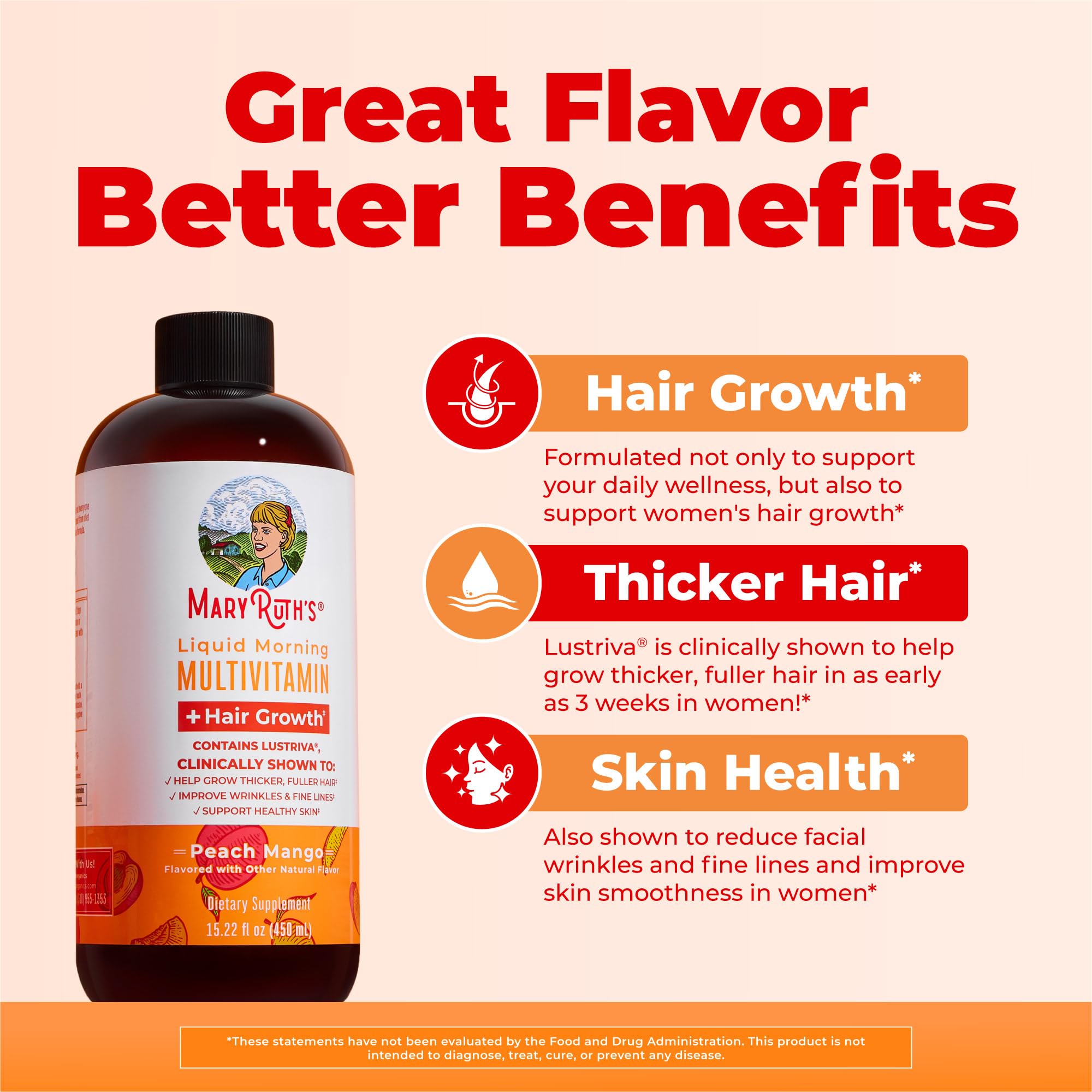 MARYRUTH'S Liquid Multivitamin + Hair Growth in peach mango flavour