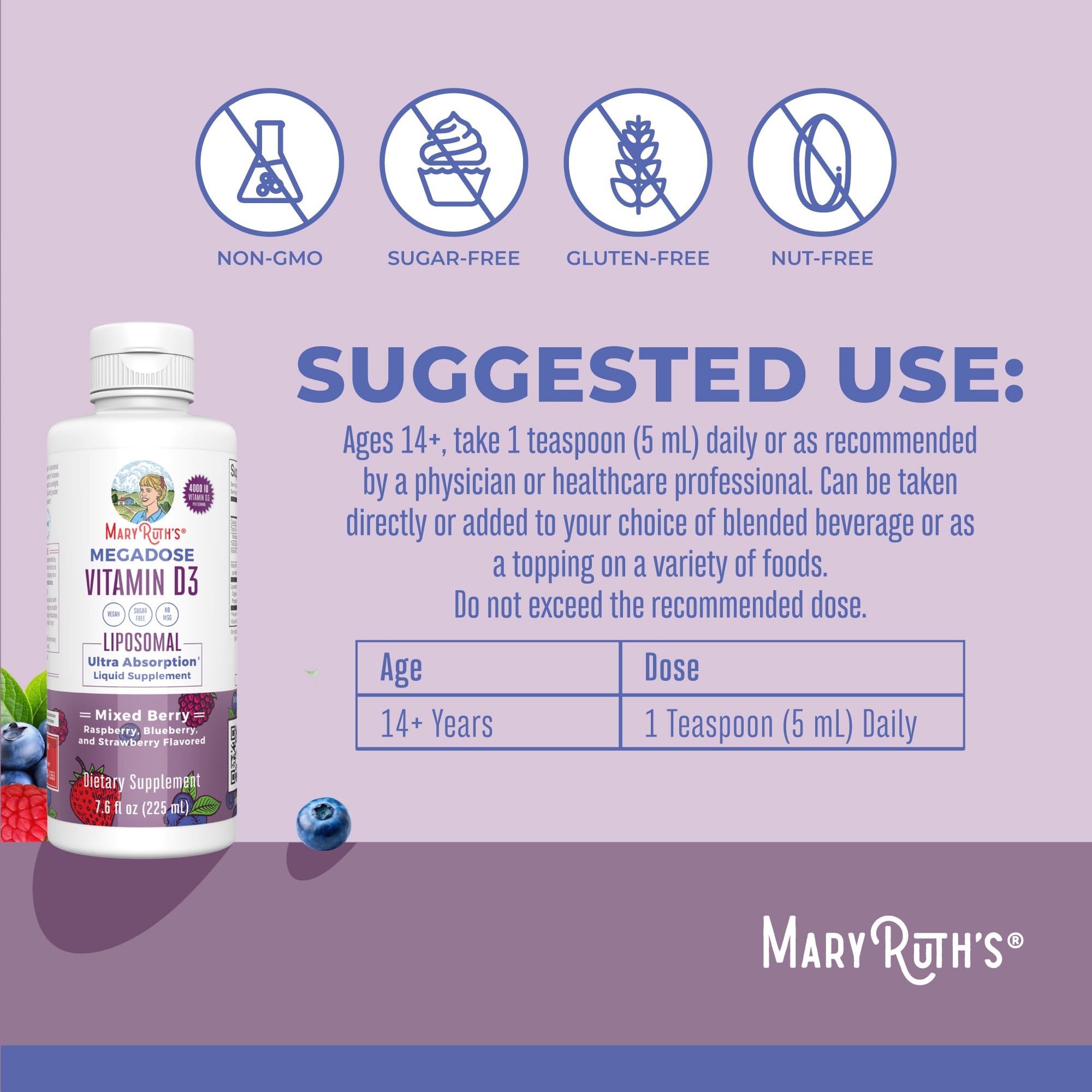 MARYRUTH'S Megadose D3 Liquid Liposomal back view with ingredient list
