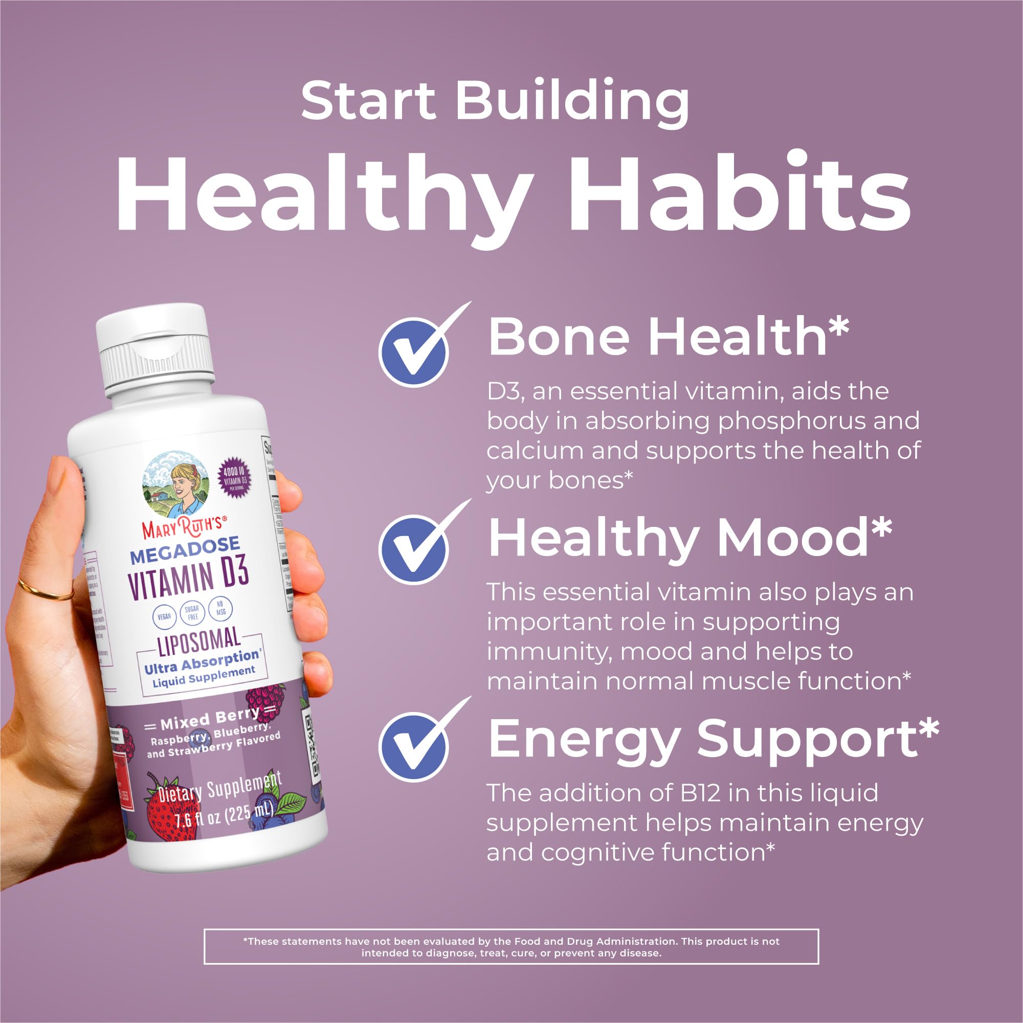 MARYRUTH'S Megadose D3 Liquid Liposomal displayed with fresh berries