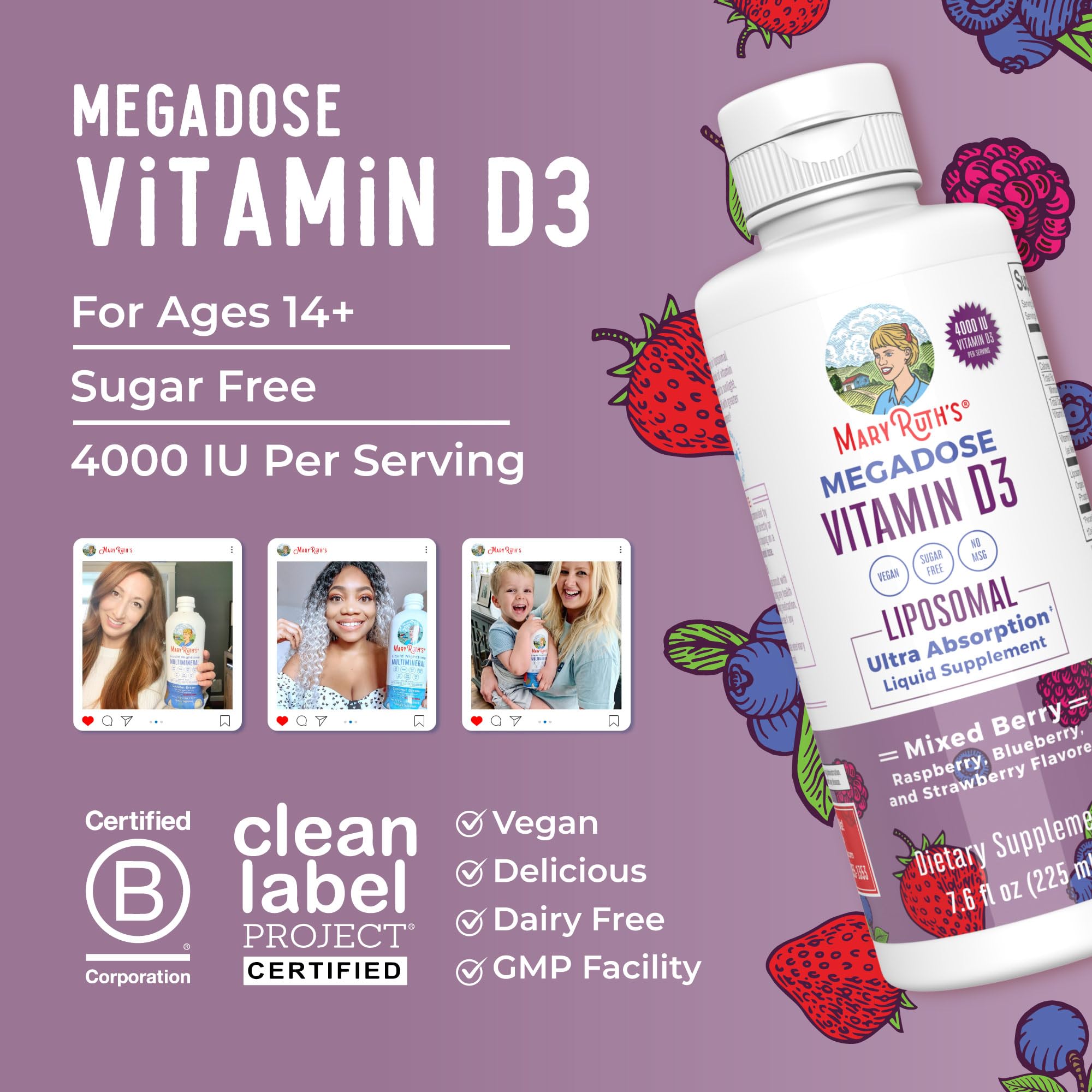 MARYRUTH'S Megadose D3 Liquid Liposomal with a measuring cup