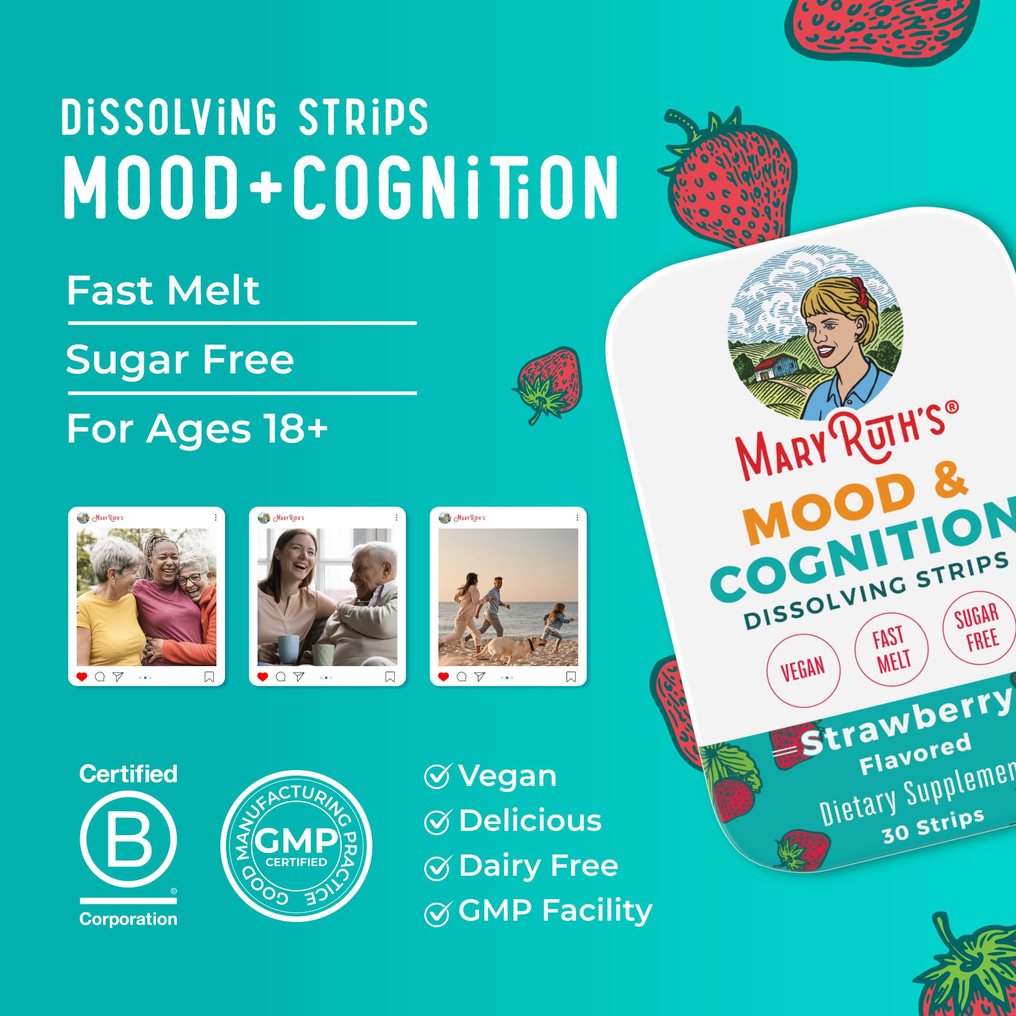 MARYRUTH'S Mood & Cognition Dissolving Strips opened tin with strips