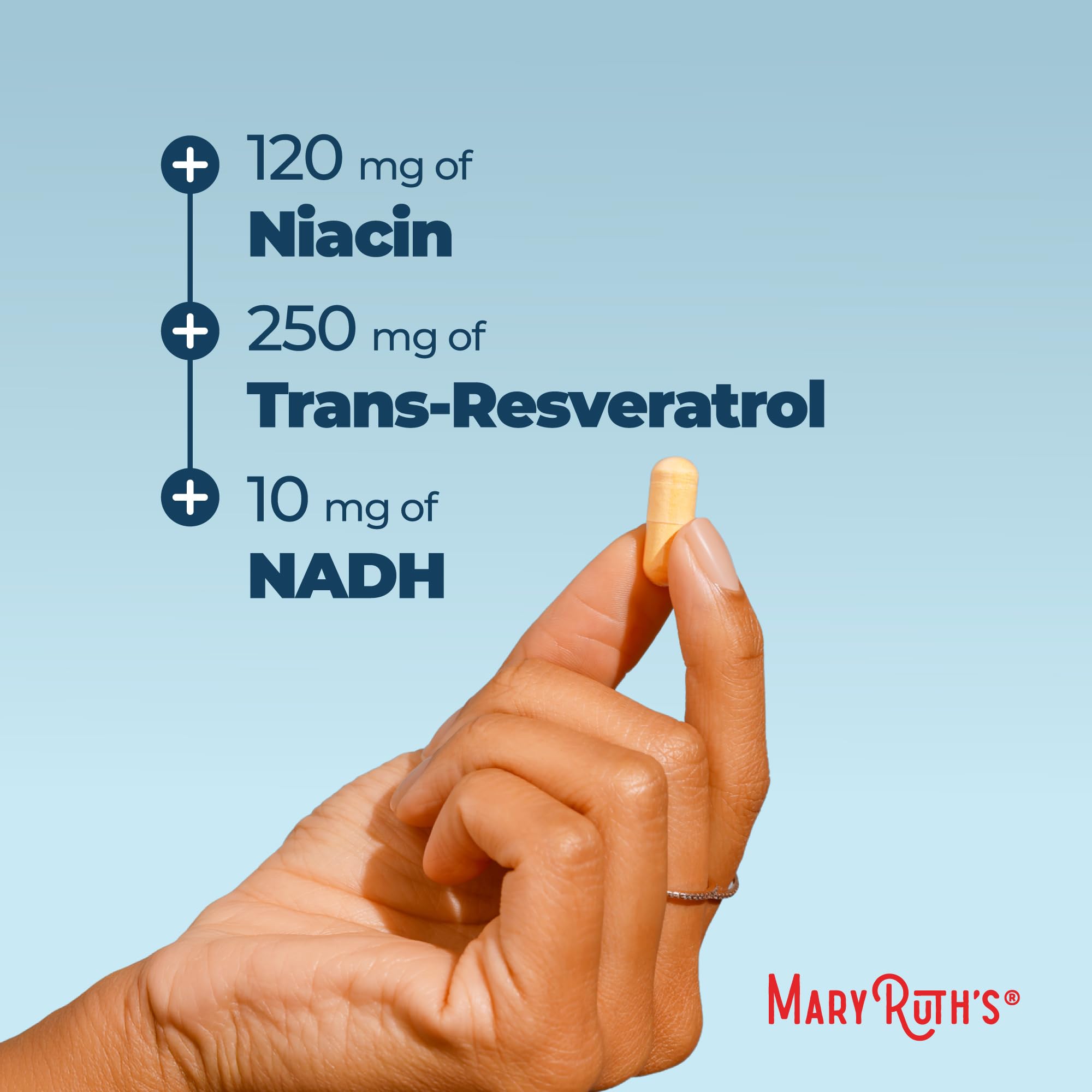 MARYRUTH'S NADH Capsules displayed with ingredients list
