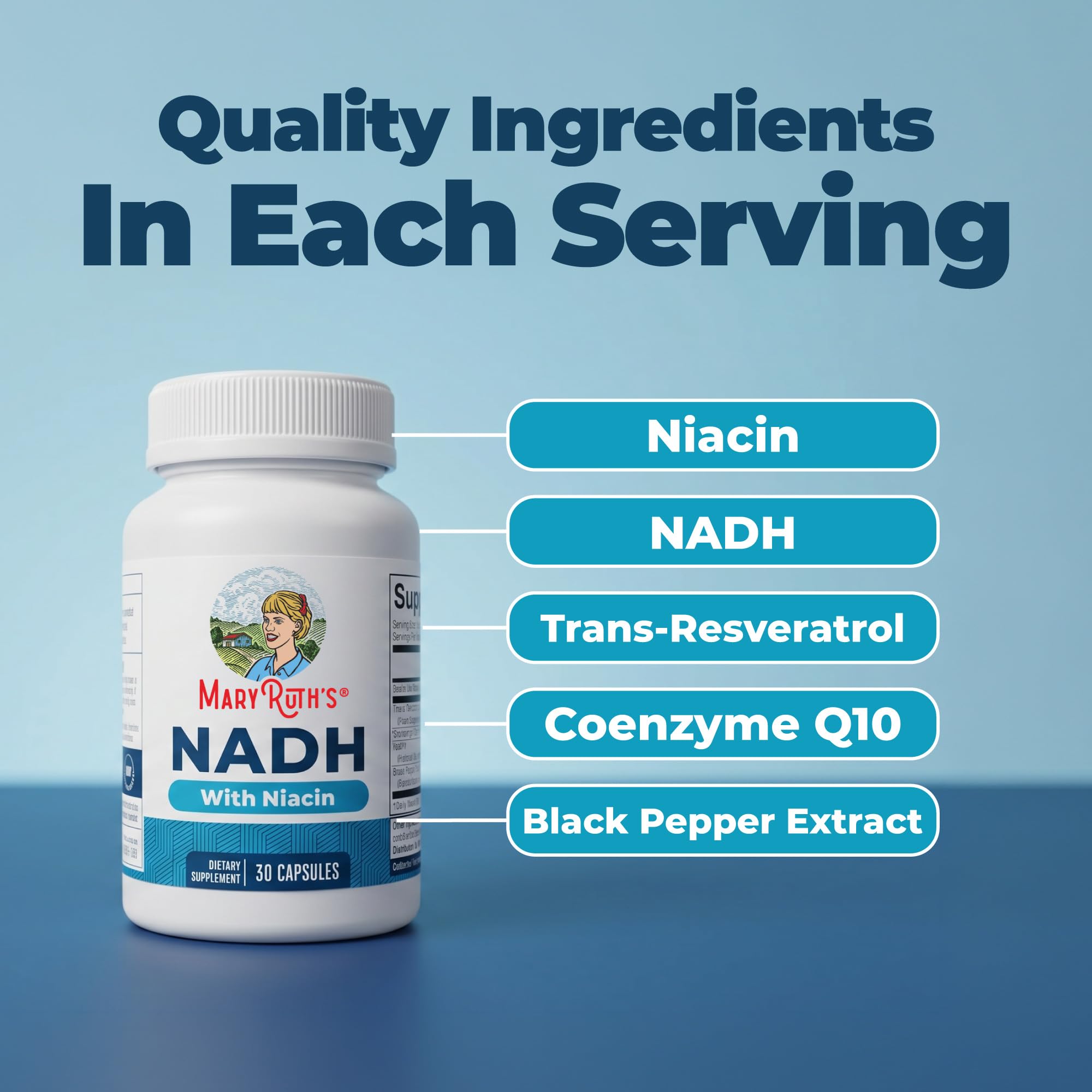 MARYRUTH'S NADH Capsules with Trans-Resveratrol on a wooden table