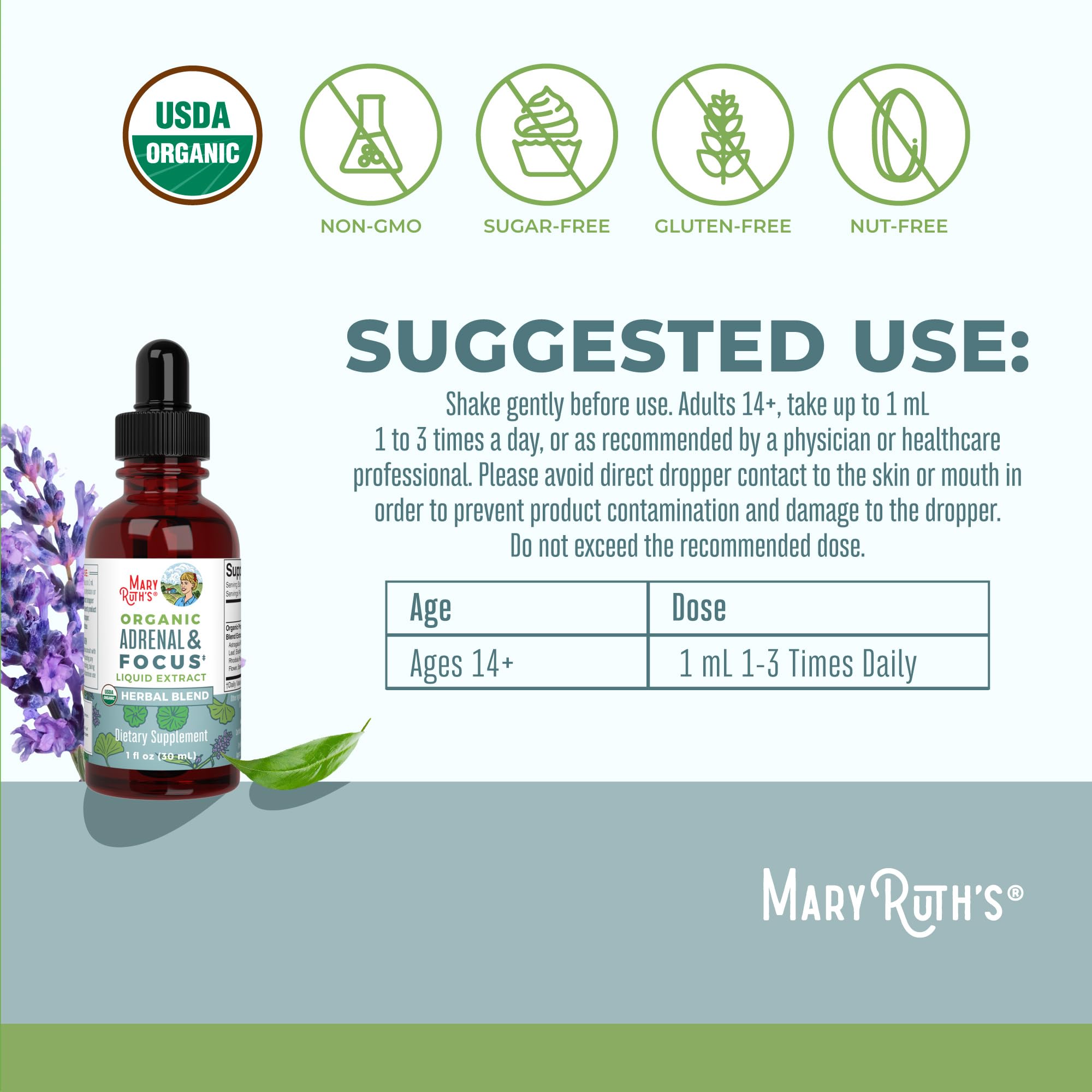 MARYRUTH'S Organic Adrenal & Focus Herbal Blend 30ml bottle with dropper