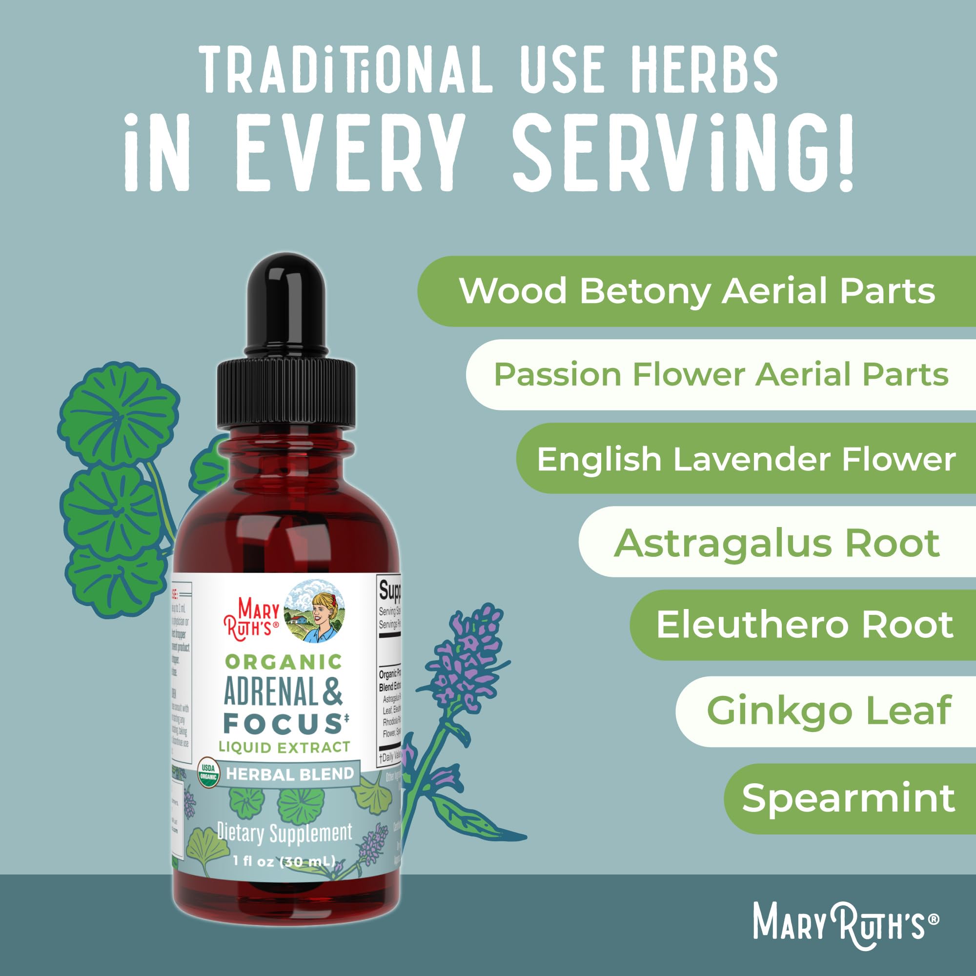 MARYRUTH'S Organic Adrenal & Focus Herbal Blend 30ml lifestyle scene