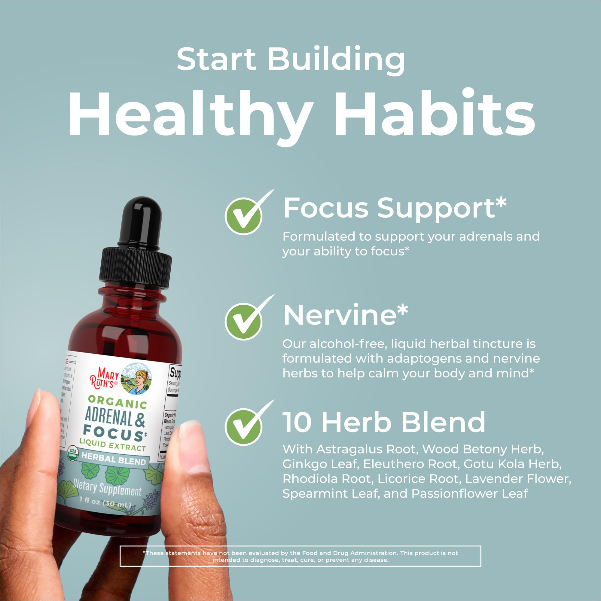 MARYRUTH'S Organic Adrenal & Focus Herbal Blend 30ml packaging