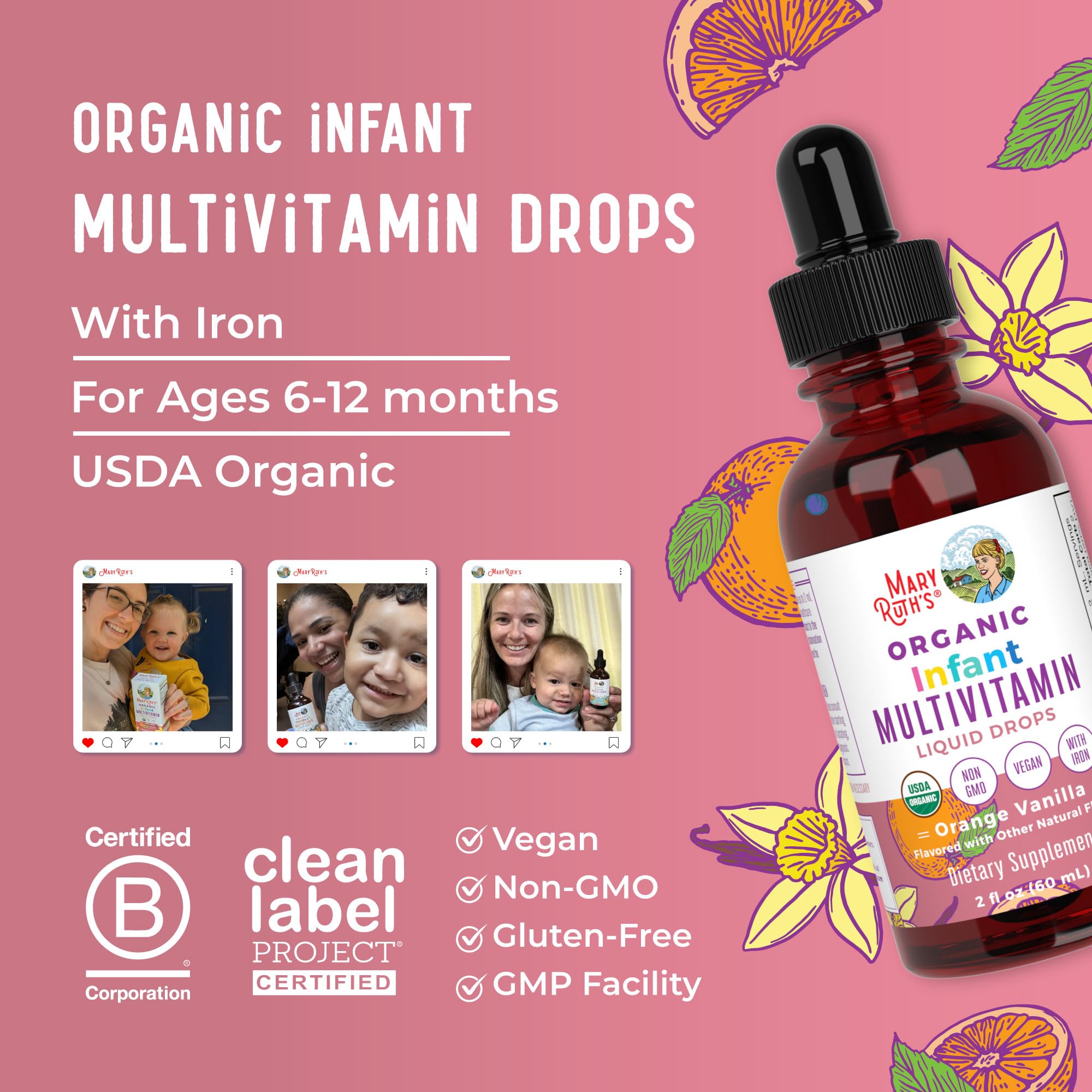 MARYRUTH'S Organic Infant Multivitamin Liquid Drops in a child's hand