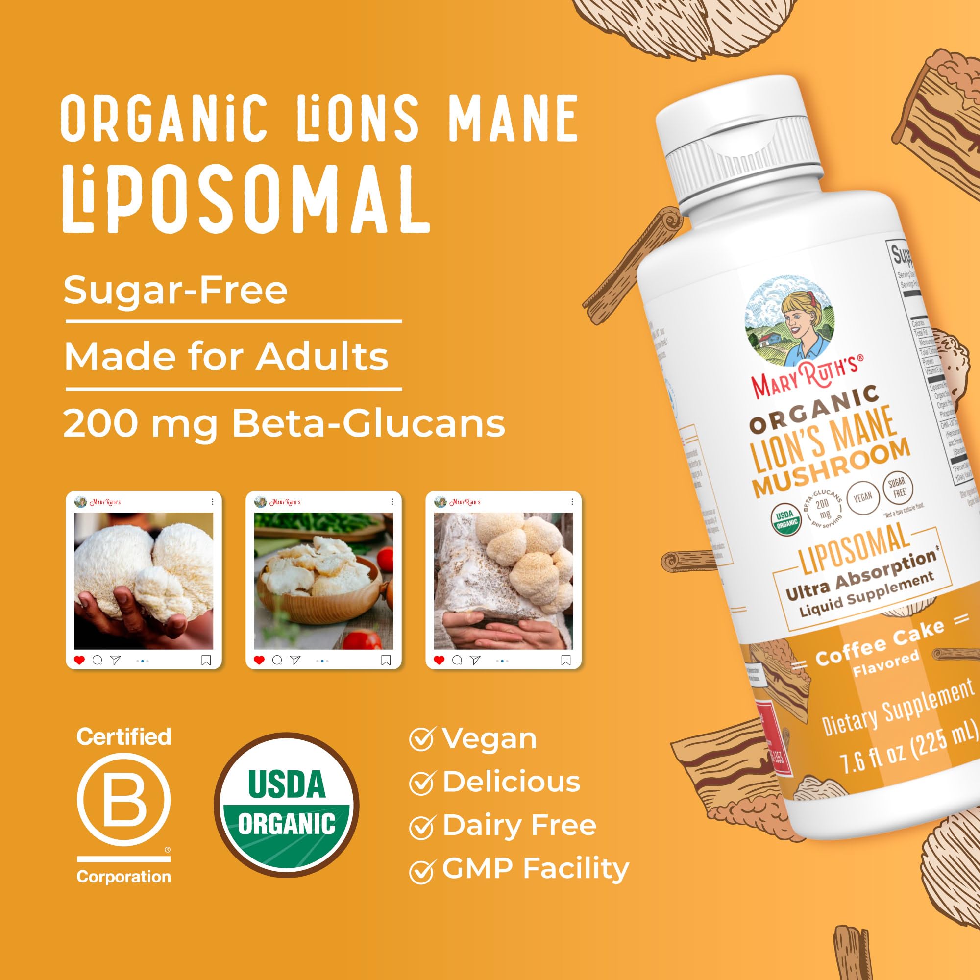 MARYRUTH'S Organic Lion's Mane Mushroom Liposomal with ingredients