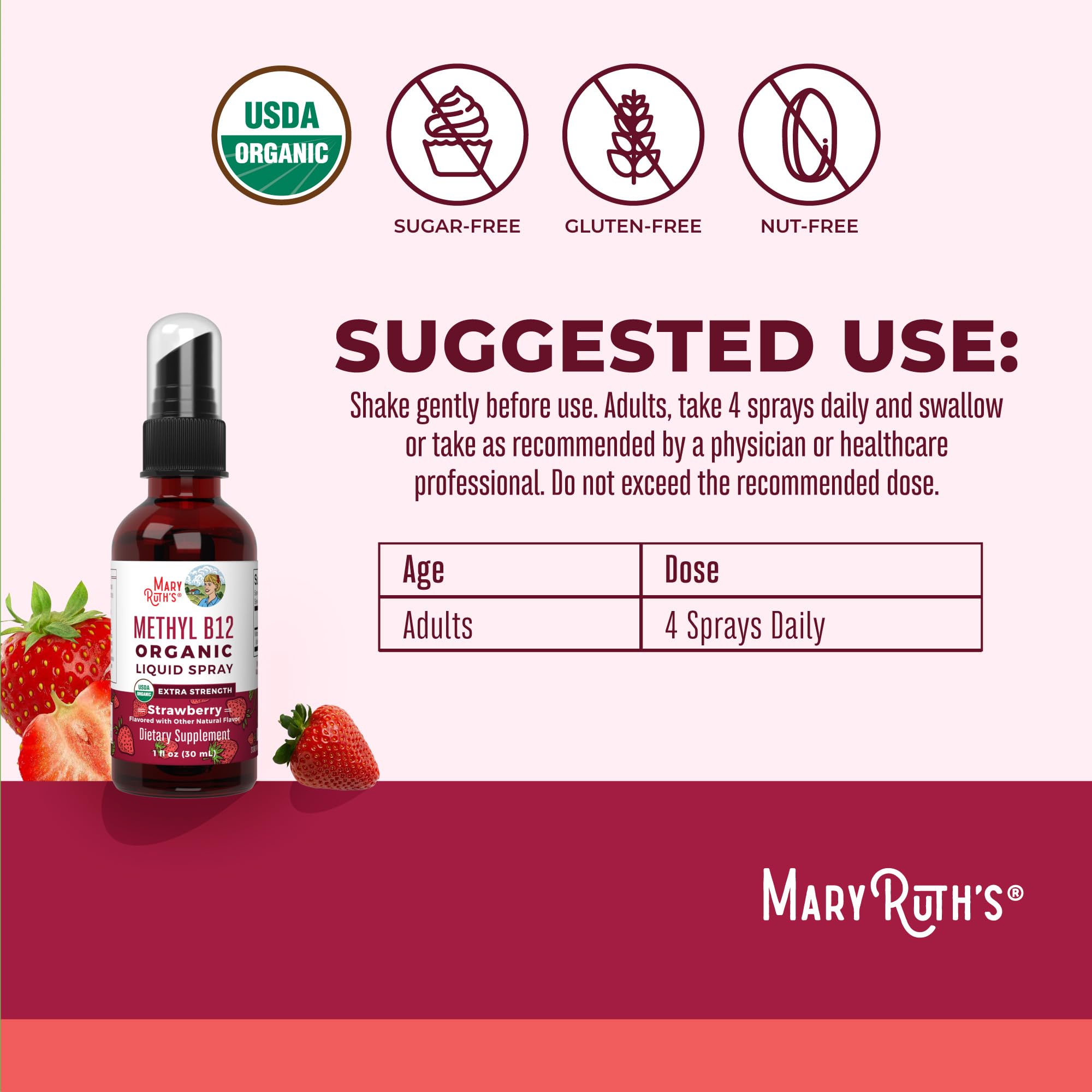 MARYRUTH'S Organic Liquid B12 Spray with dosage instructions