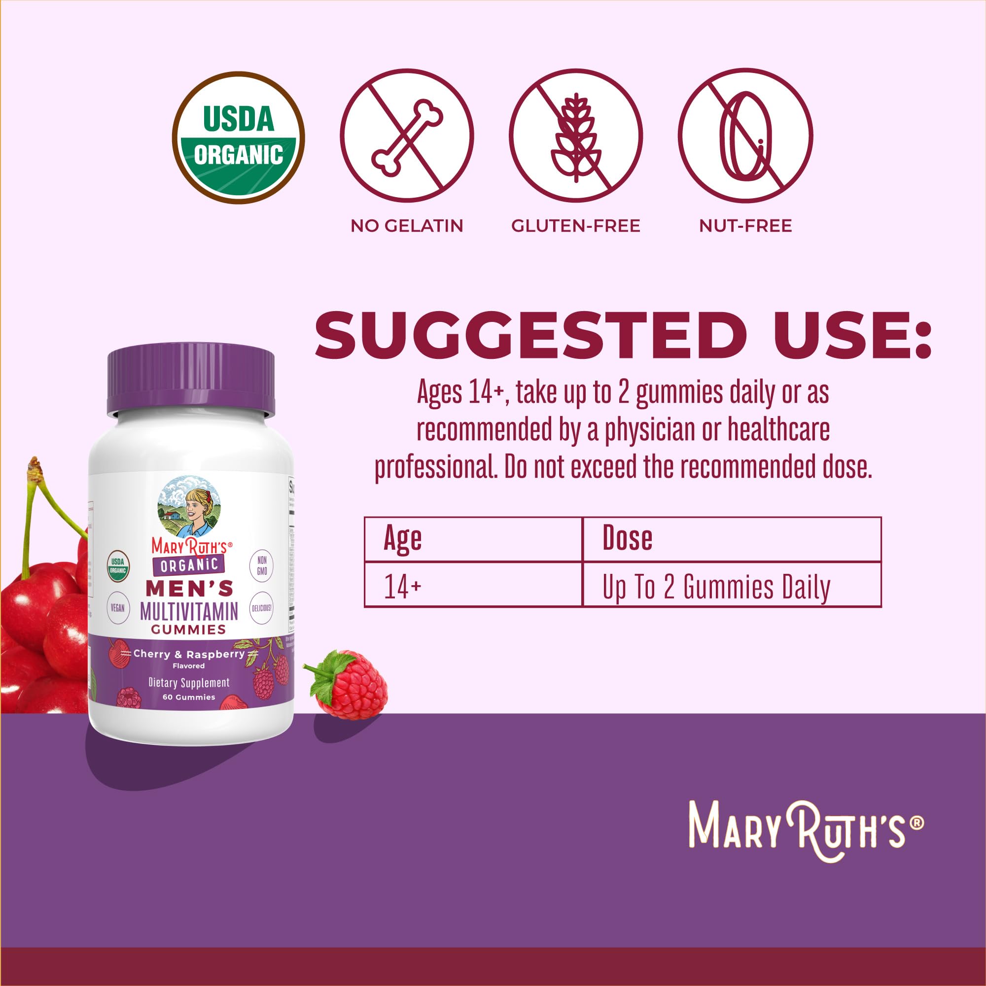 MARYRUTH'S Organic Men's Multivitamin Gummies side view with nutritional information
