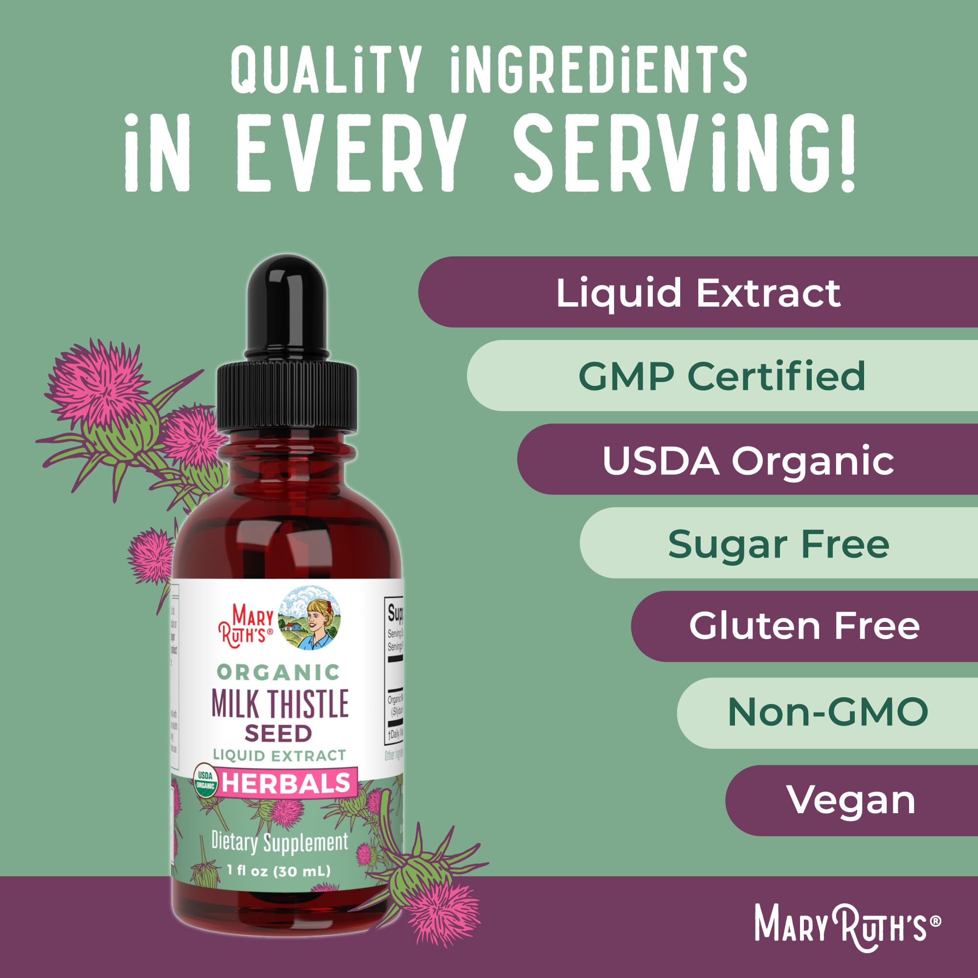 MARYRUTH'S Organic Milk Thistle Seed Drops with water glass