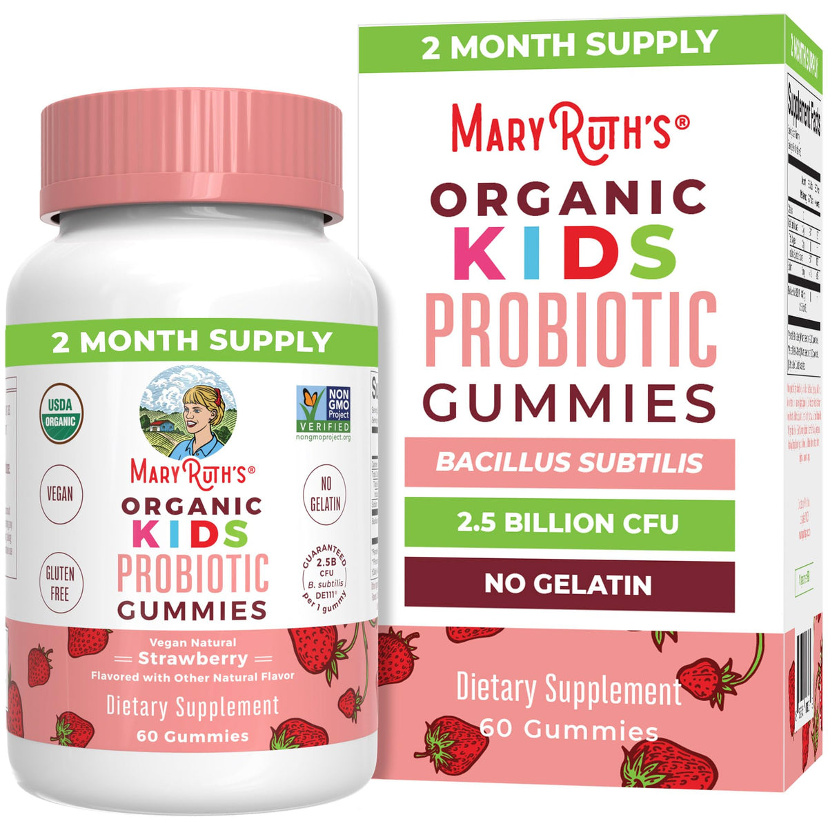 MARYRUTH'S Organic Probiotic Gummies for Kids front view, strawberry flavour