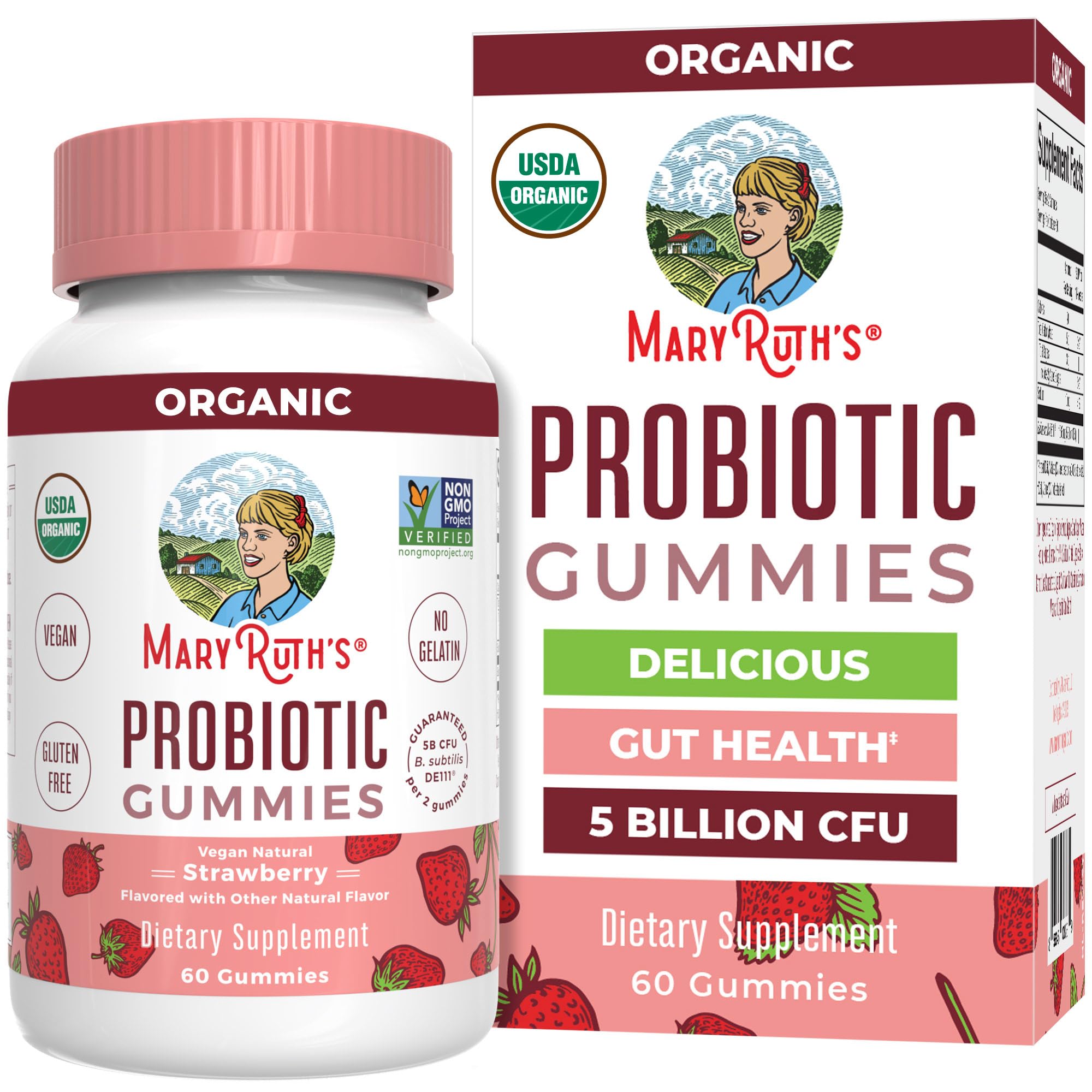 MARYRUTH'S Organic Probiotic Gummies front view with strawberry flavour
