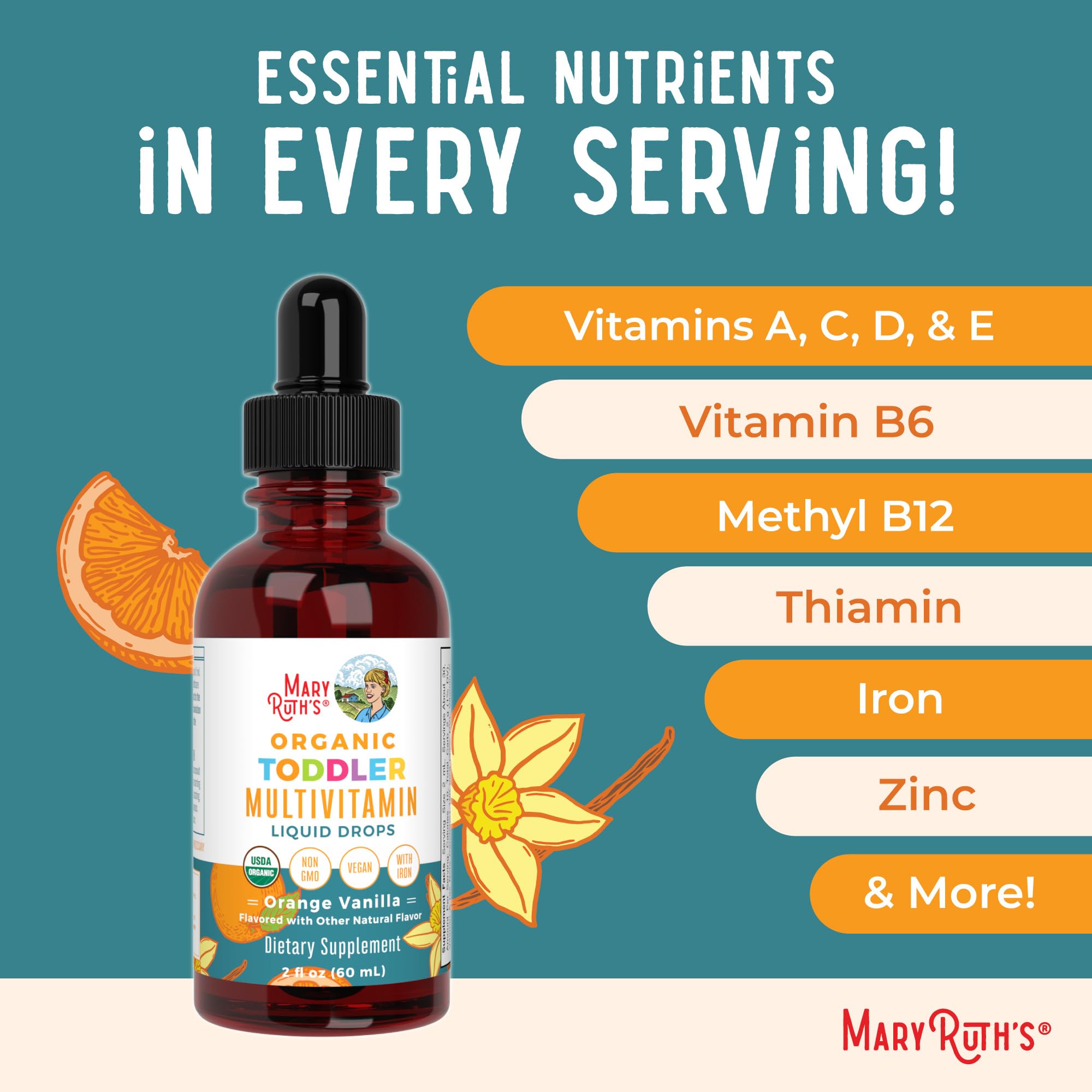 MARYRUTH'S Organic Toddler Multivitamin Drops in a child's hand