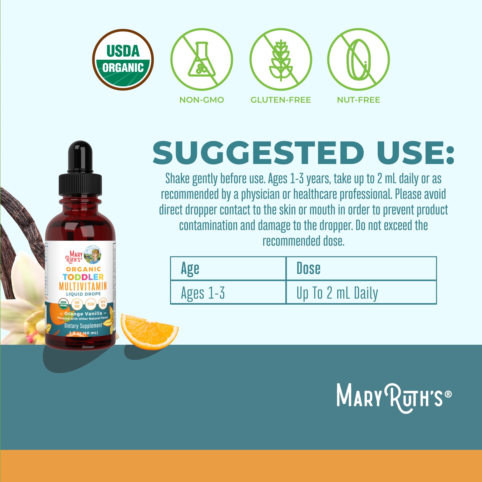 MARYRUTH'S Organic Toddler Multivitamin Drops label close-up