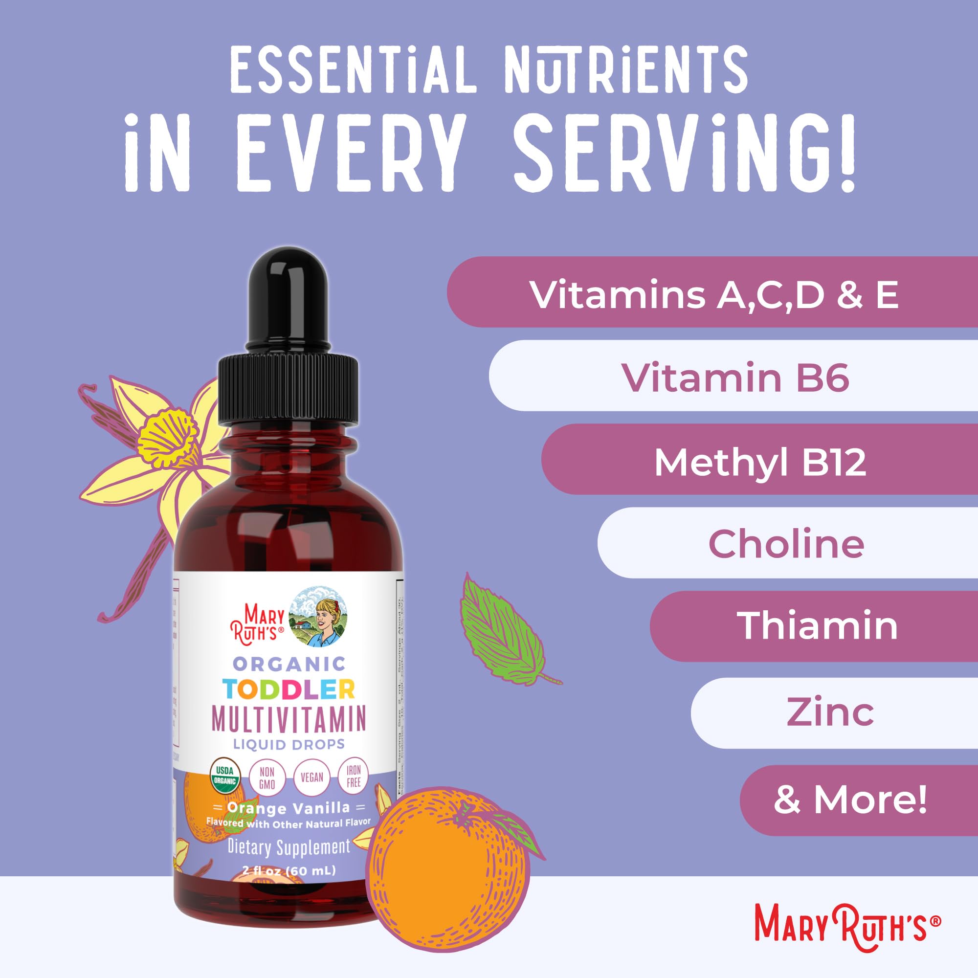 MARYRUTH'S Organic Toddler Multivitamin Liquid Drops on a kitchen counter