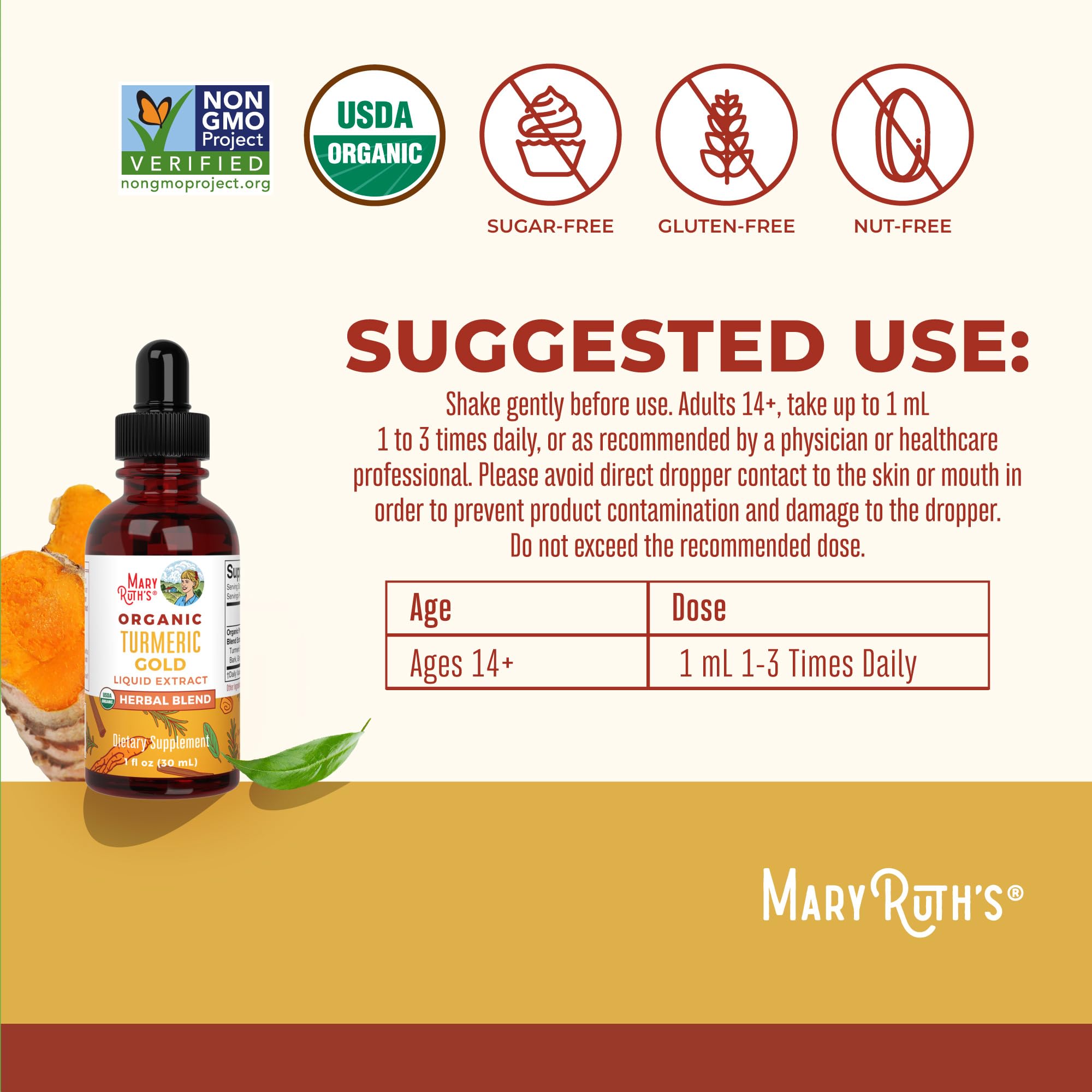 MARYRUTH'S Organic Turmeric Gold Liquid Drops close-up of dropper