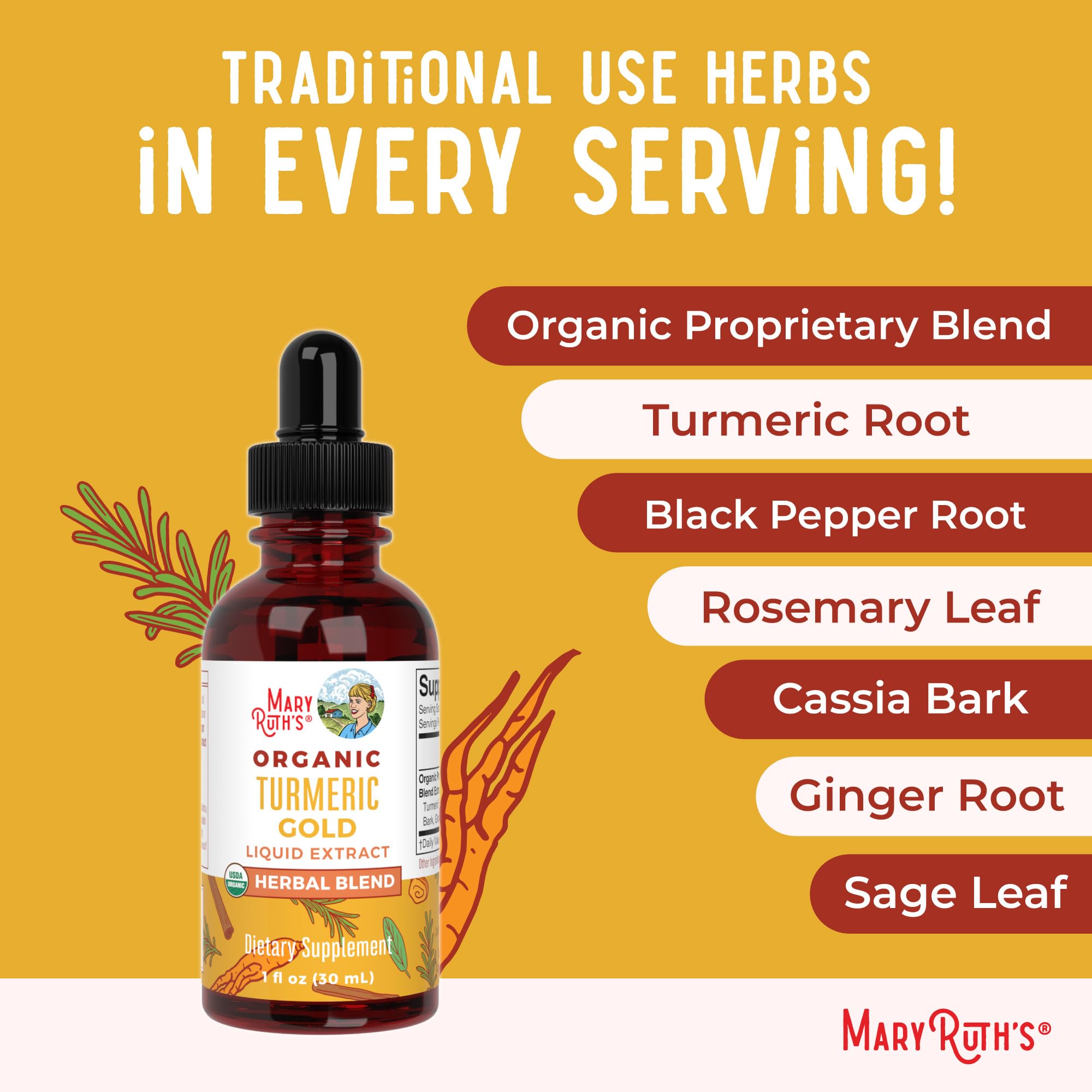 MARYRUTH'S Organic Turmeric Gold Liquid Drops on a wooden table
