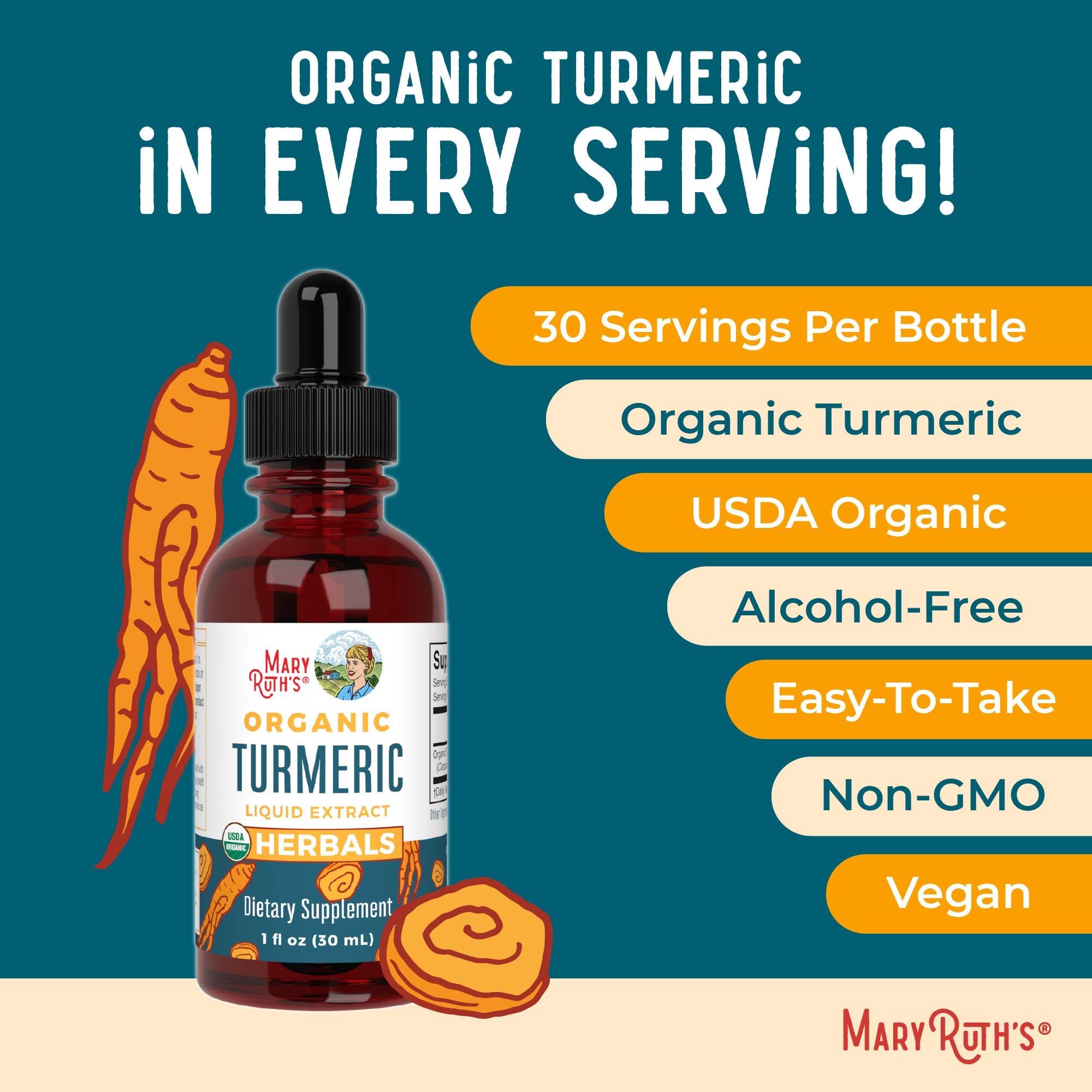 MARYRUTH'S Organic Turmeric Liquid Extract Drops 40g with a glass of water