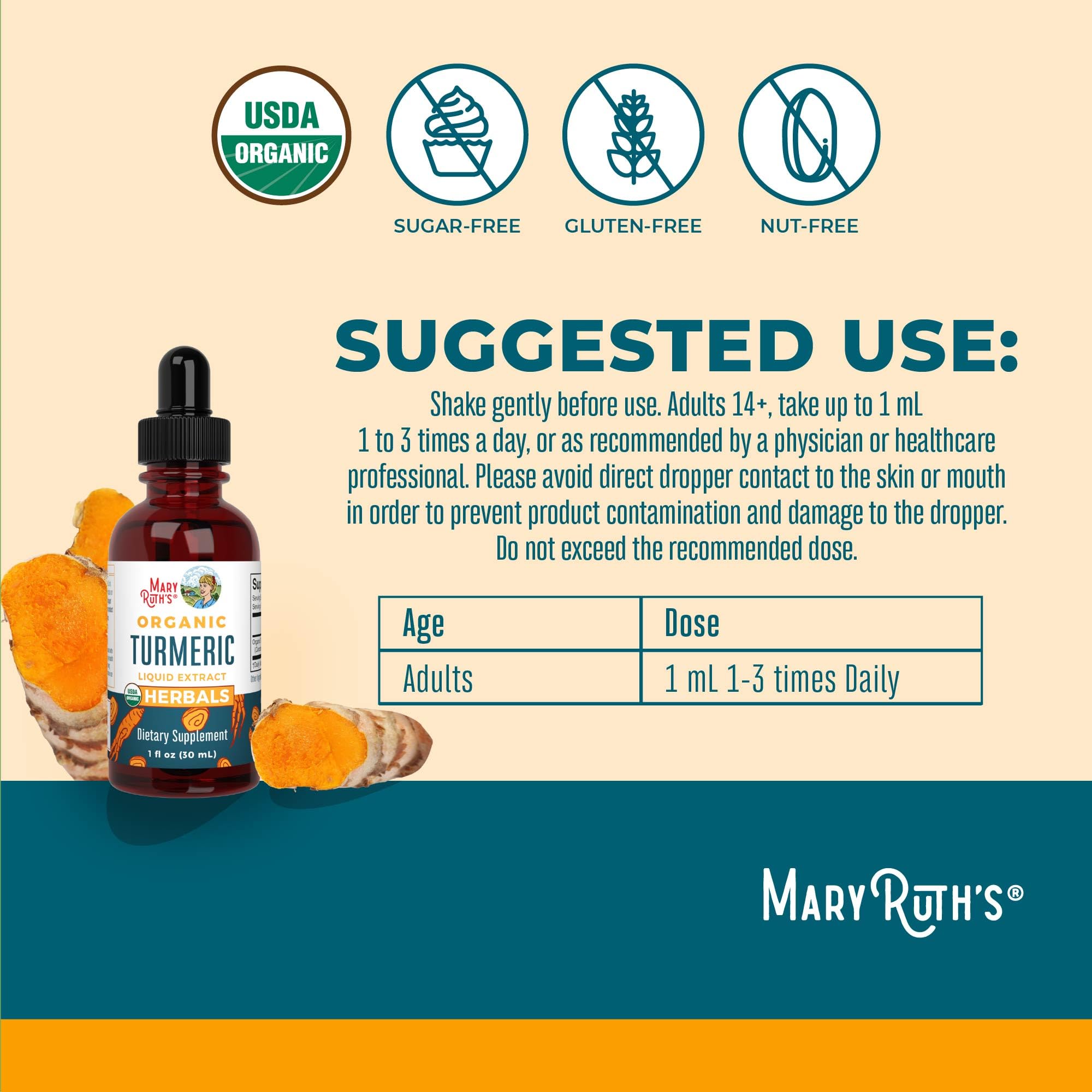 MARYRUTH'S Organic Turmeric Liquid Extract Drops 40g with dropper