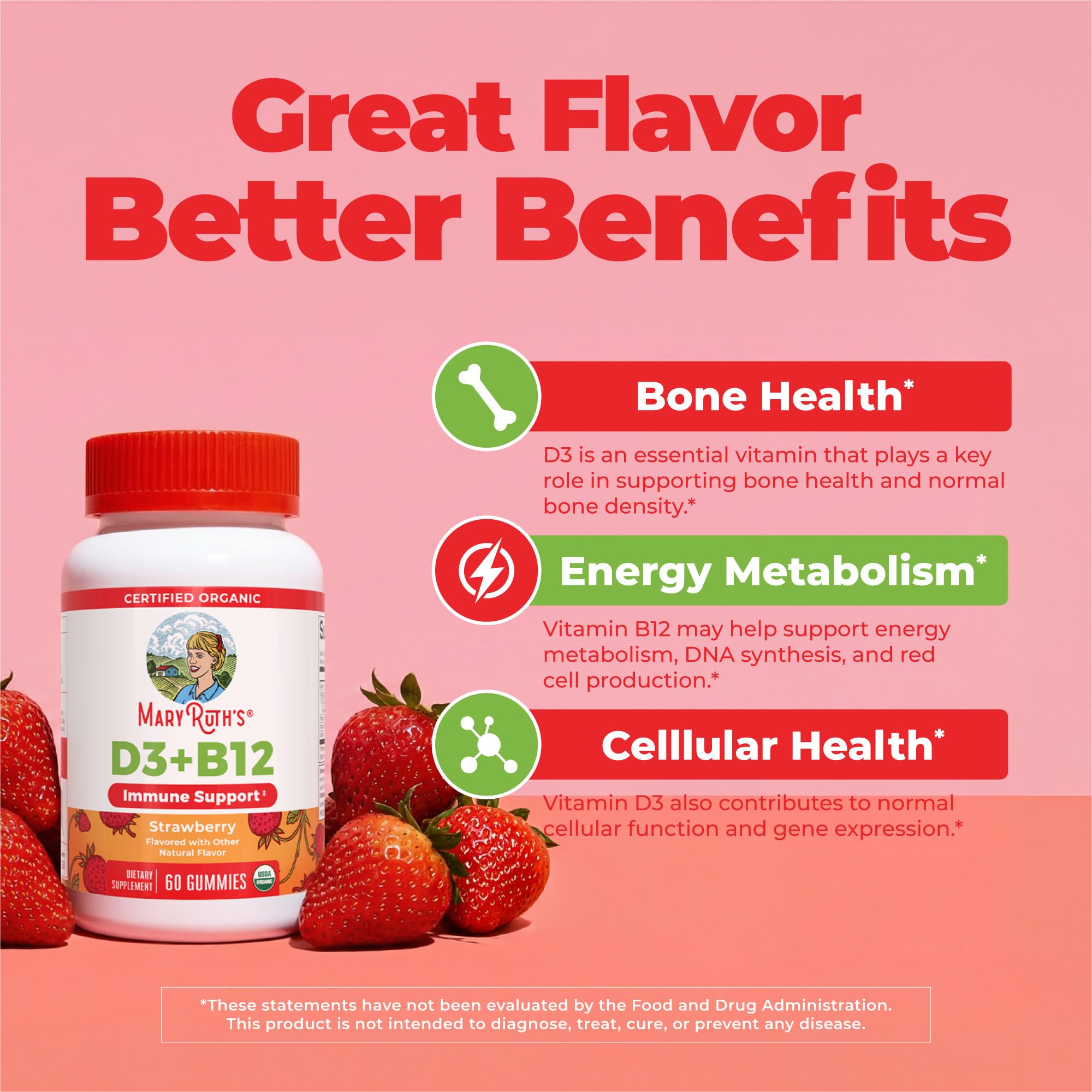 MARYRUTH'S Organic Vitamin D3 + B12 Gummies on a wooden table
