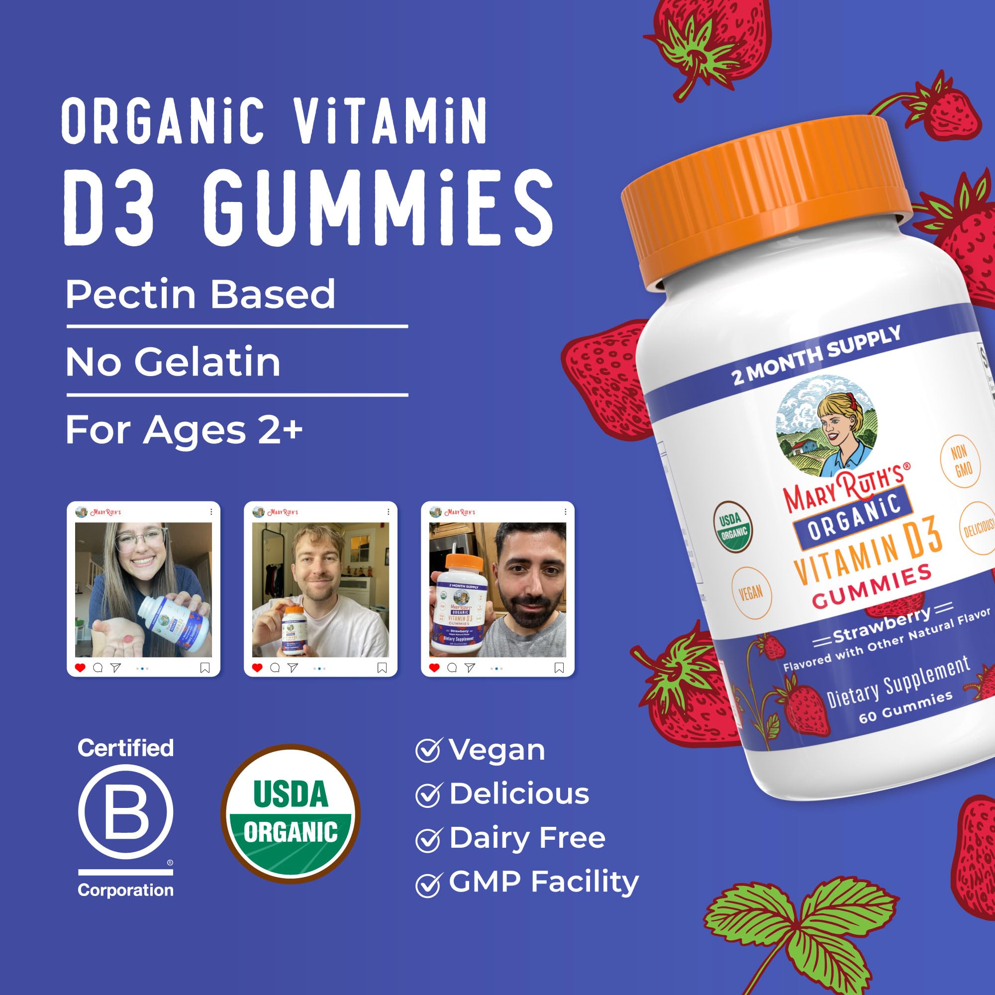 MARYRUTH'S Organic Vitamin D3 Gummies back view showing ingredients