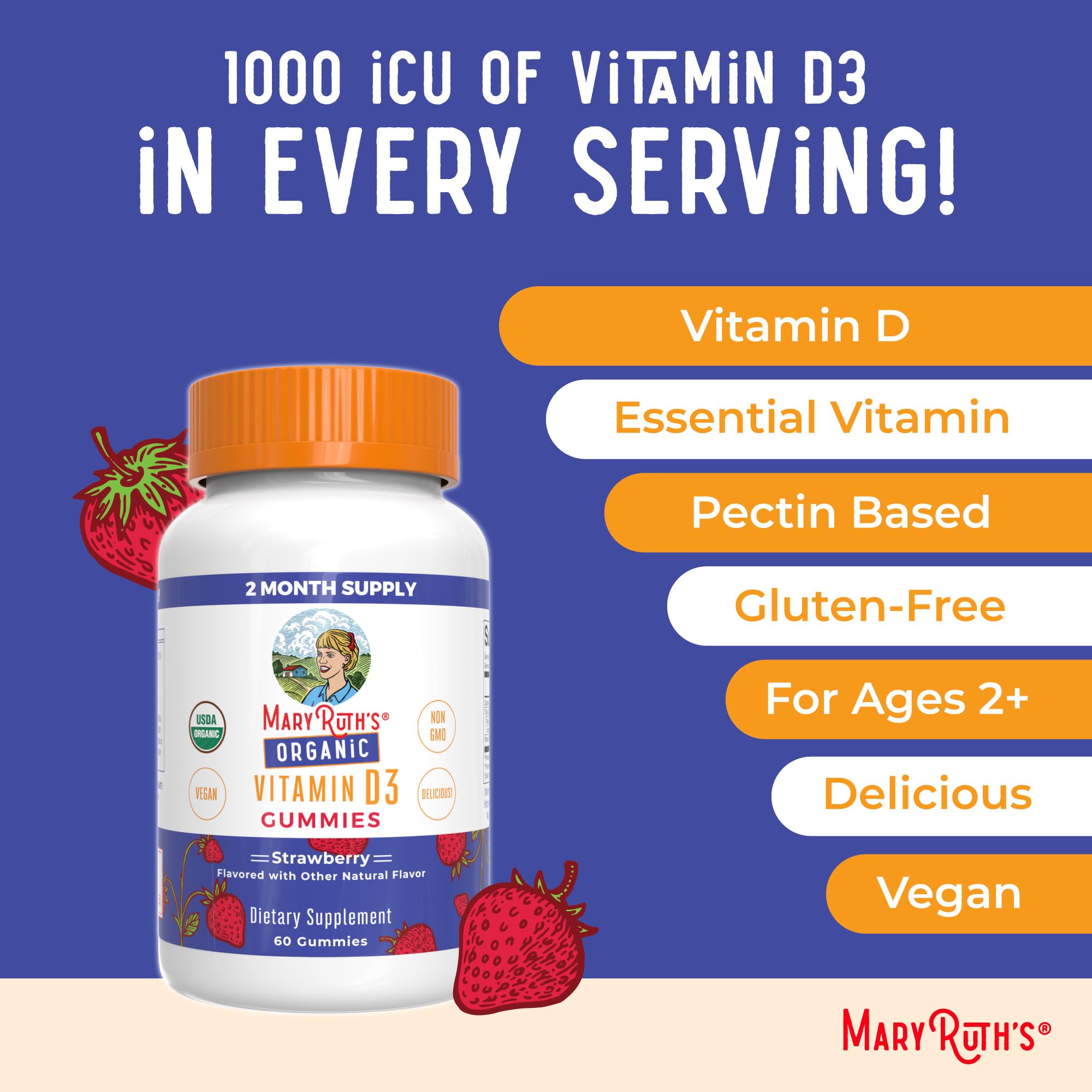 MARYRUTH'S Organic Vitamin D3 Gummies displayed with family-friendly items