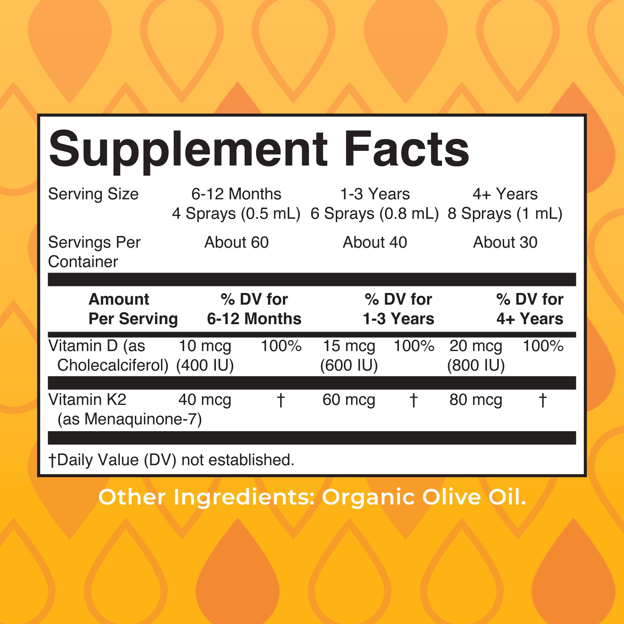 MARYRUTH'S Organic Vitamin D3 + K2 MK-7 Liquid Spray dosage chart