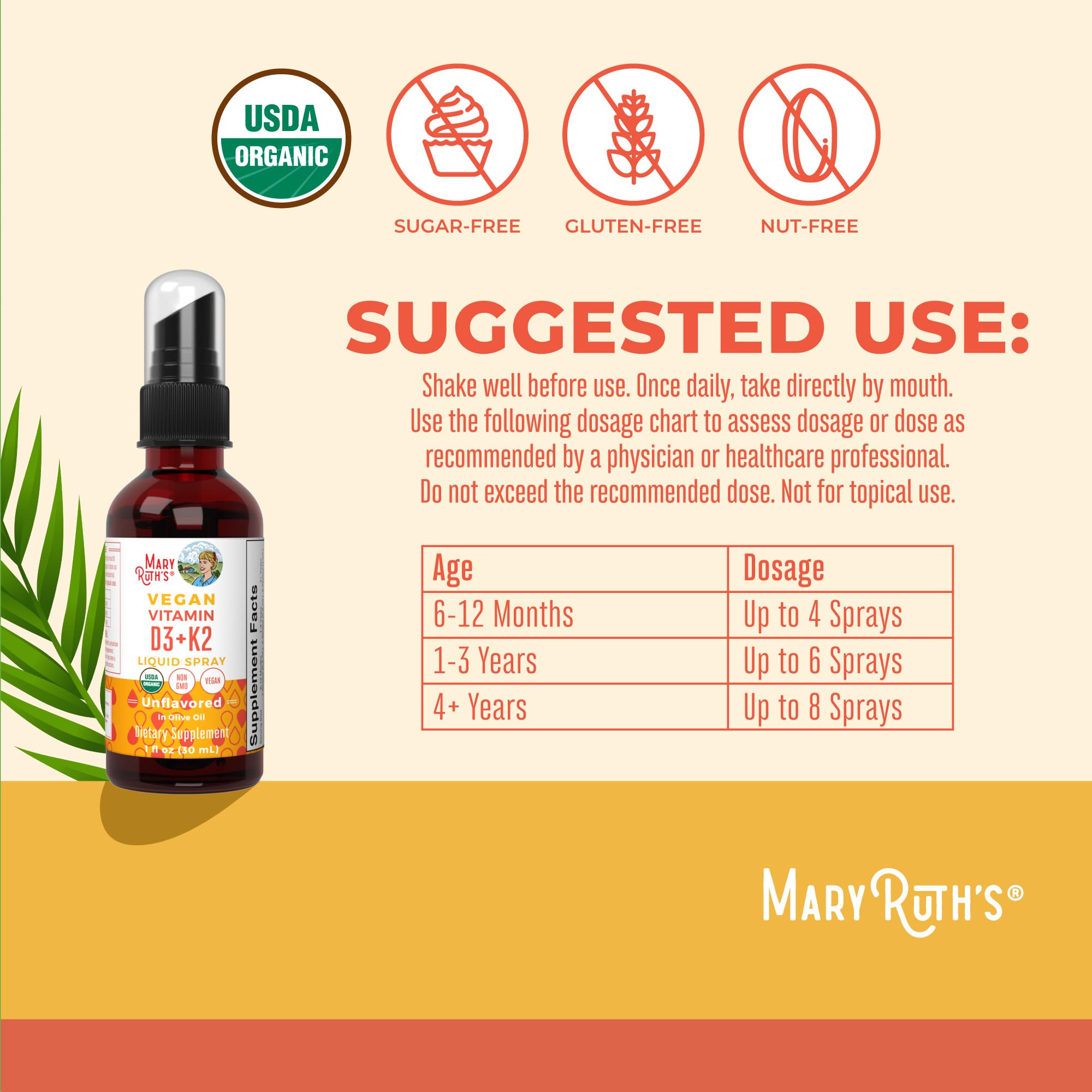 MARYRUTH'S Organic Vitamin D3 + K2 MK-7 Liquid Spray ingredients list