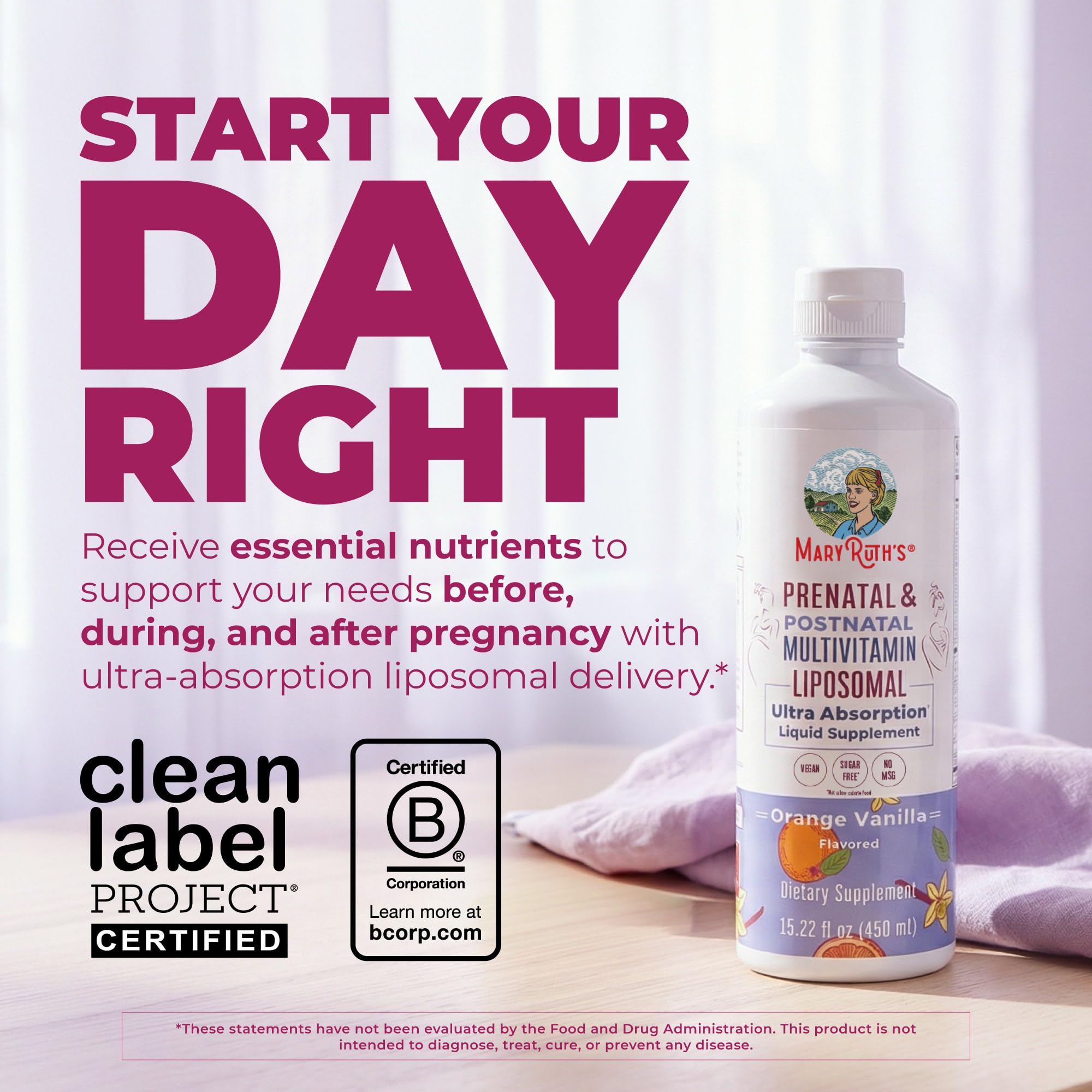 MARYRUTH'S Prenatal Postnatal Multivitamin Liposomal bottle with dosage instructions