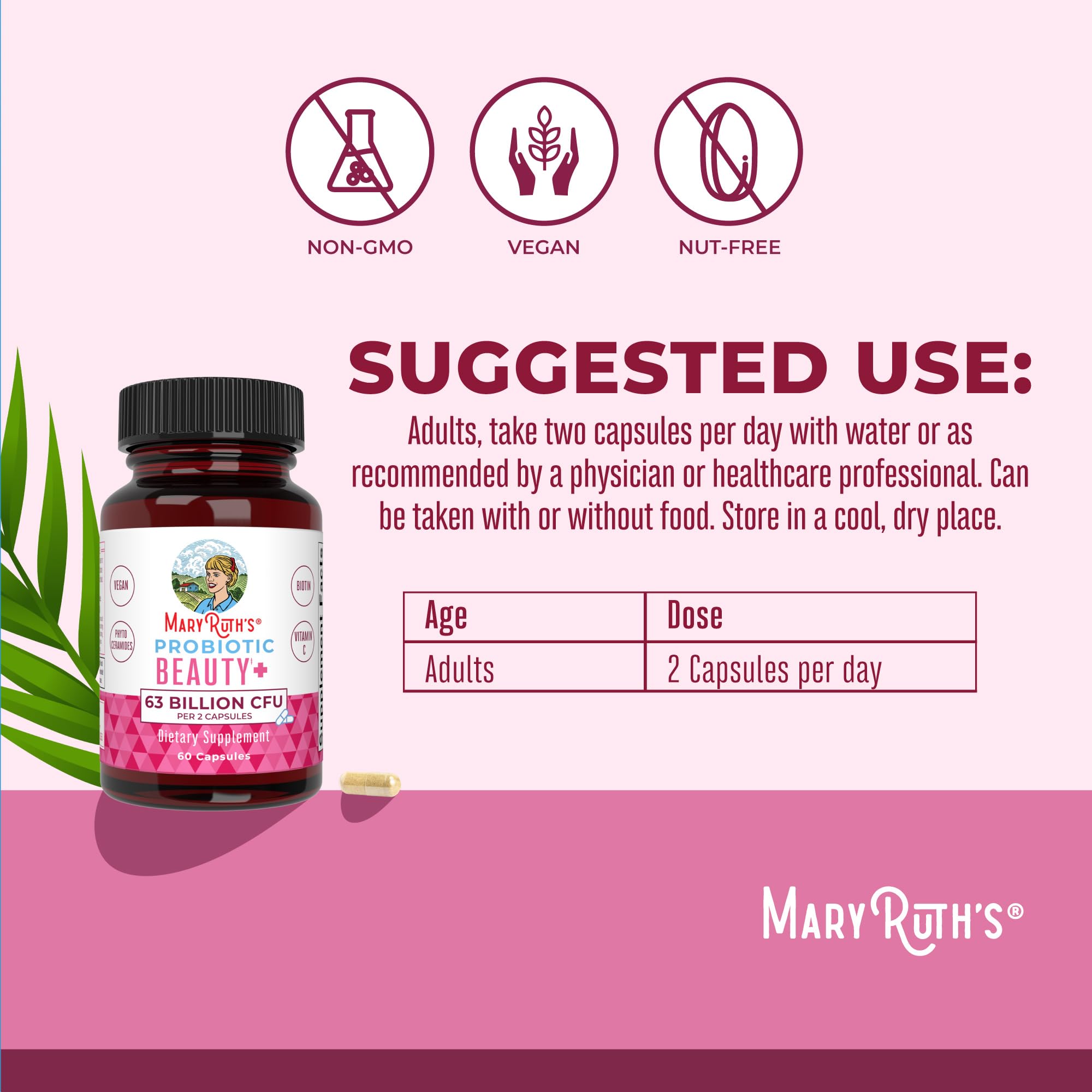 MARYRUTH'S Probiotic Beauty+ Capsules showing dosage information