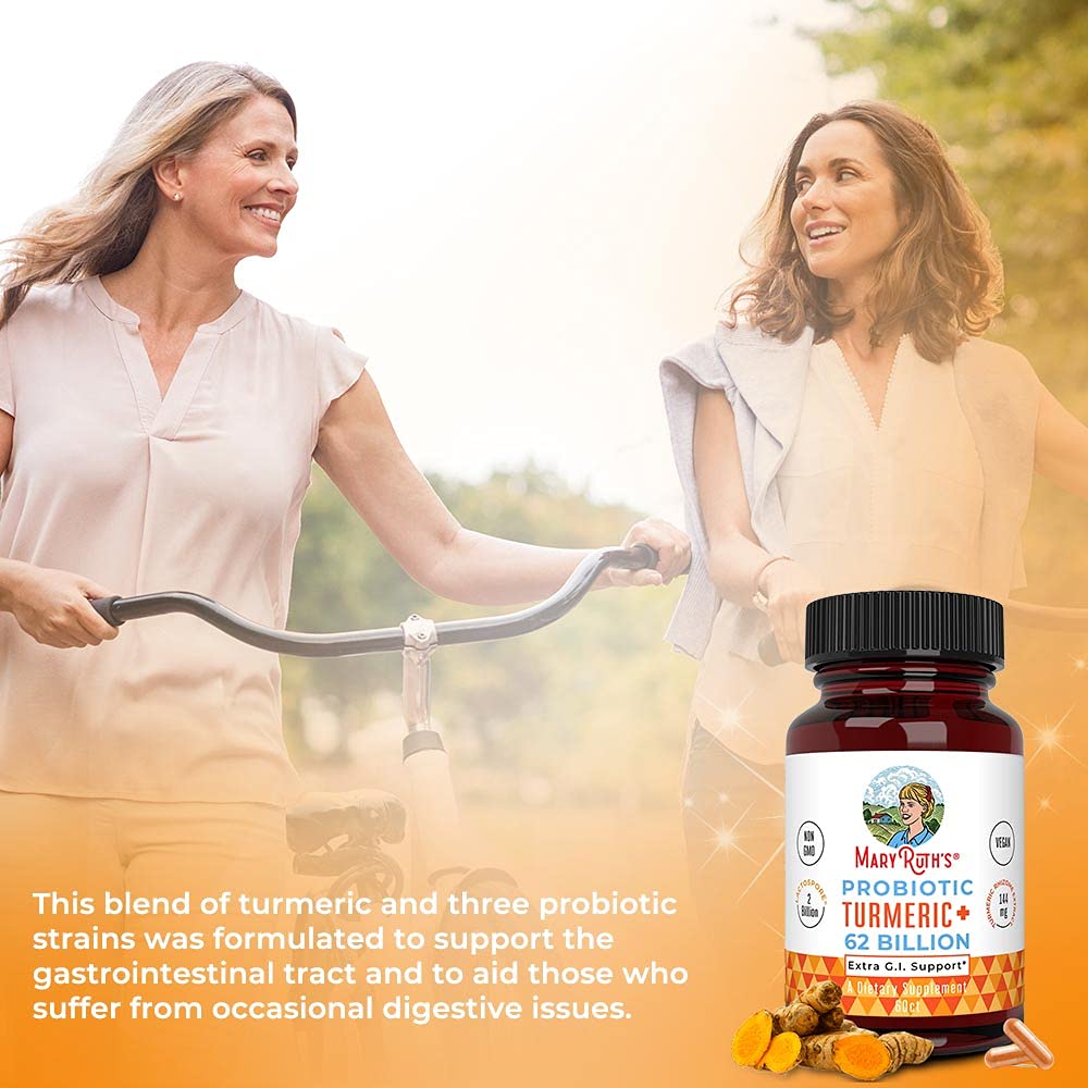 MARYRUTH'S Probiotic Turmeric+ capsules on a wooden table