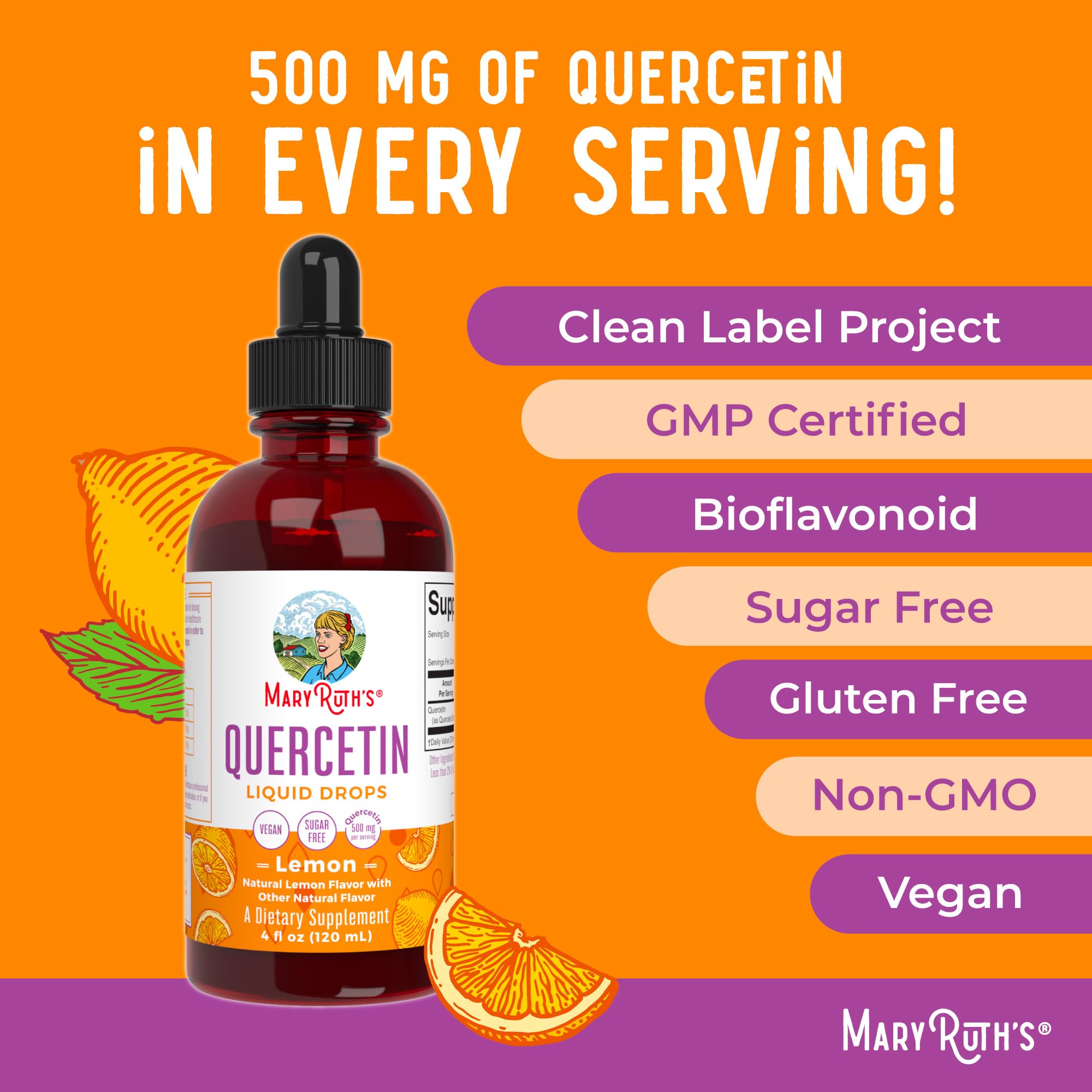 MARYRUTH'S Quercetin Liquid Drops 256g lifestyle scene with vitamins