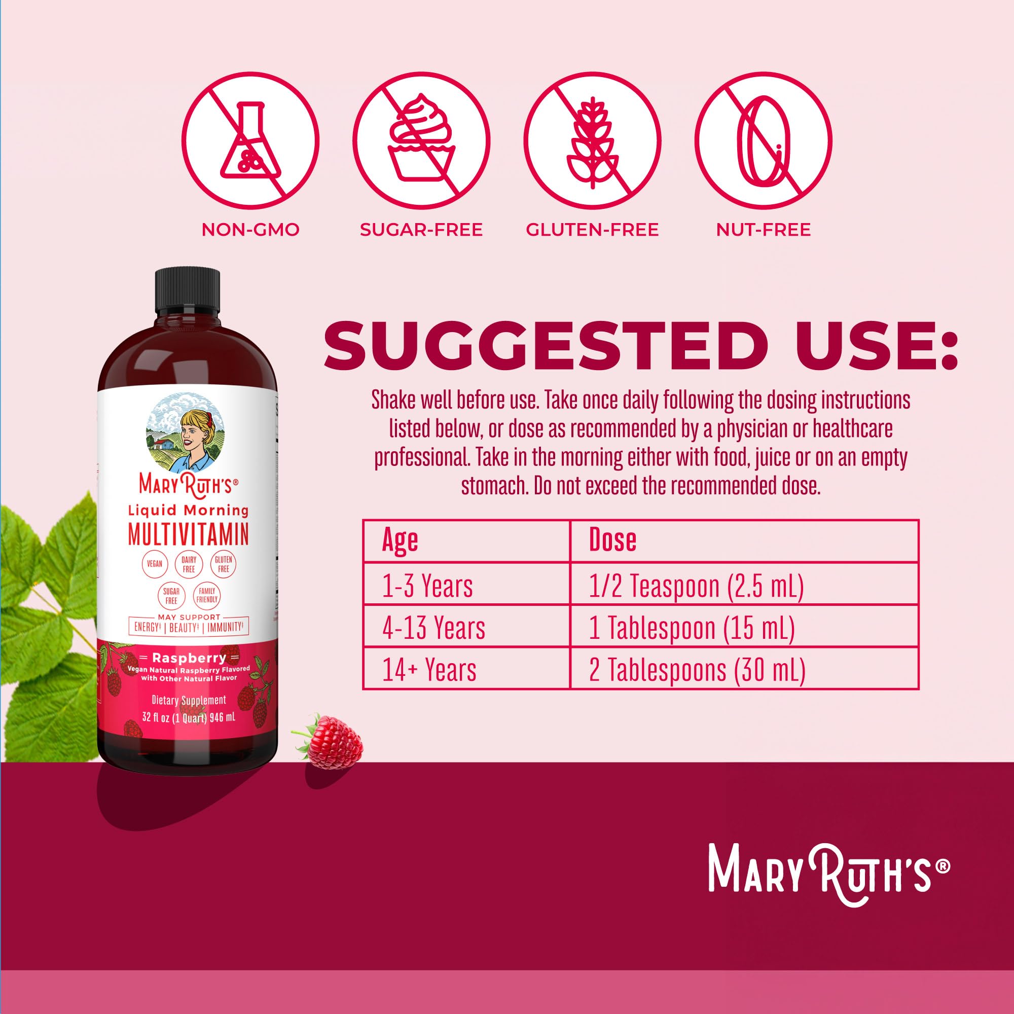 MARYRUTH'S Raspberry Liquid Daily Multivitamin bottle with cap