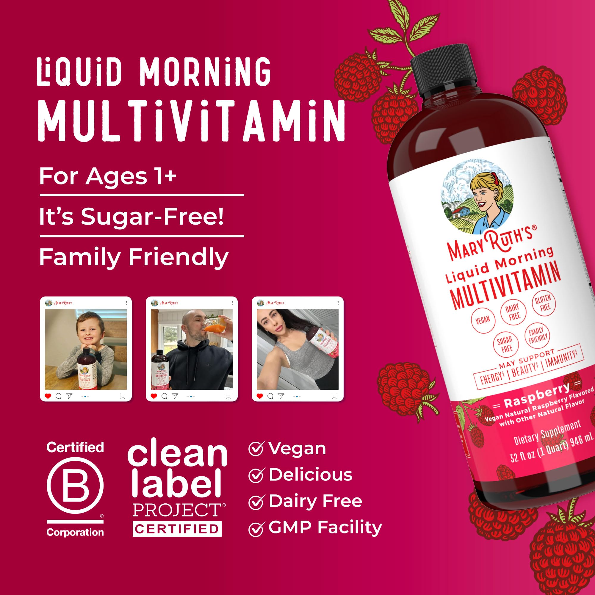 MARYRUTH'S Raspberry Liquid Daily Multivitamin with fruits