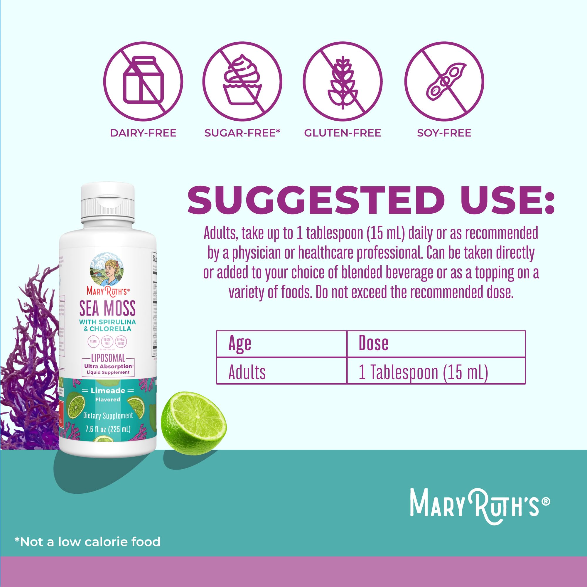MARYRUTH'S Sea Moss with Spirulina and Chlorella Liposomal label close-up