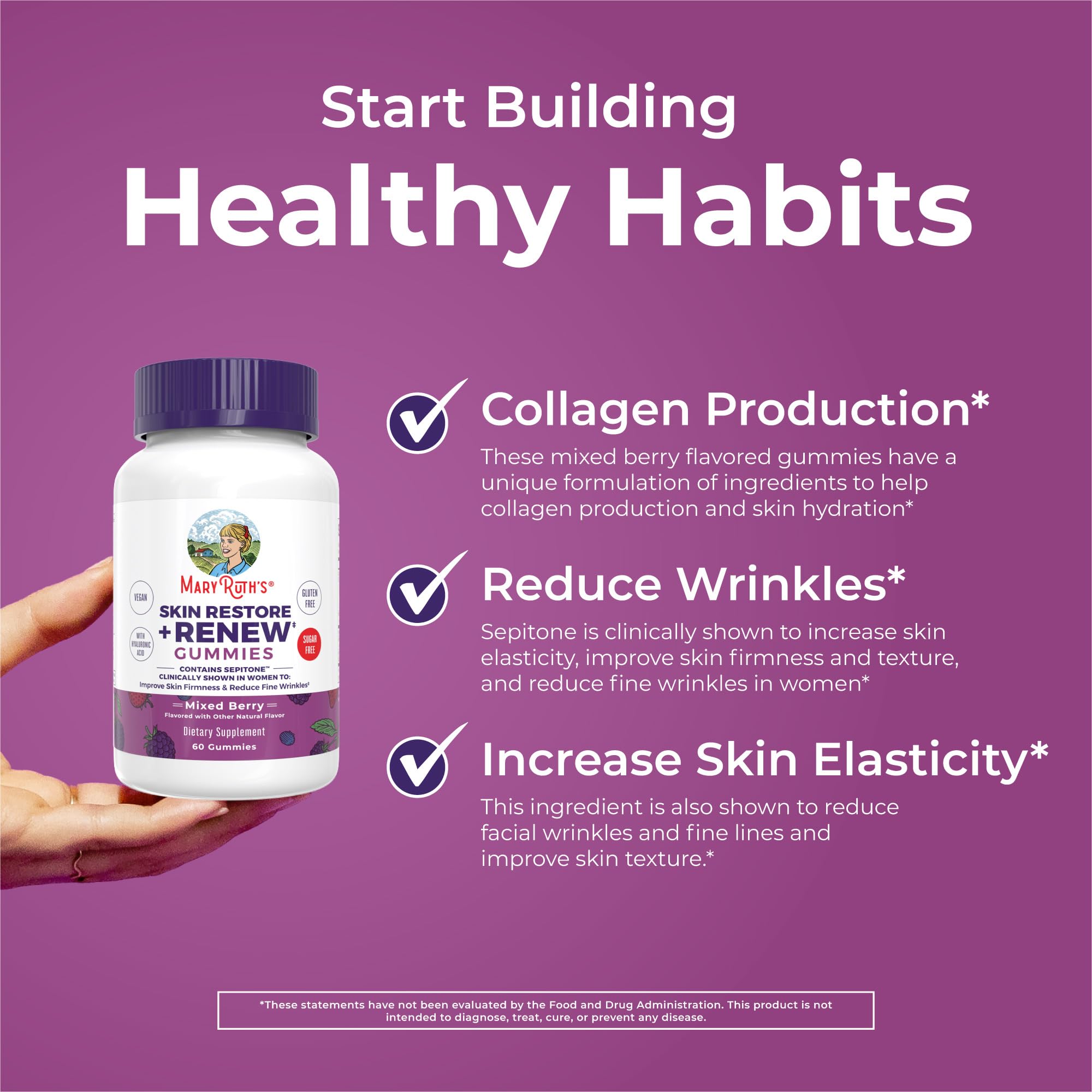 MARYRUTH'S Skin Restore & Renew Gummies on a wooden table
