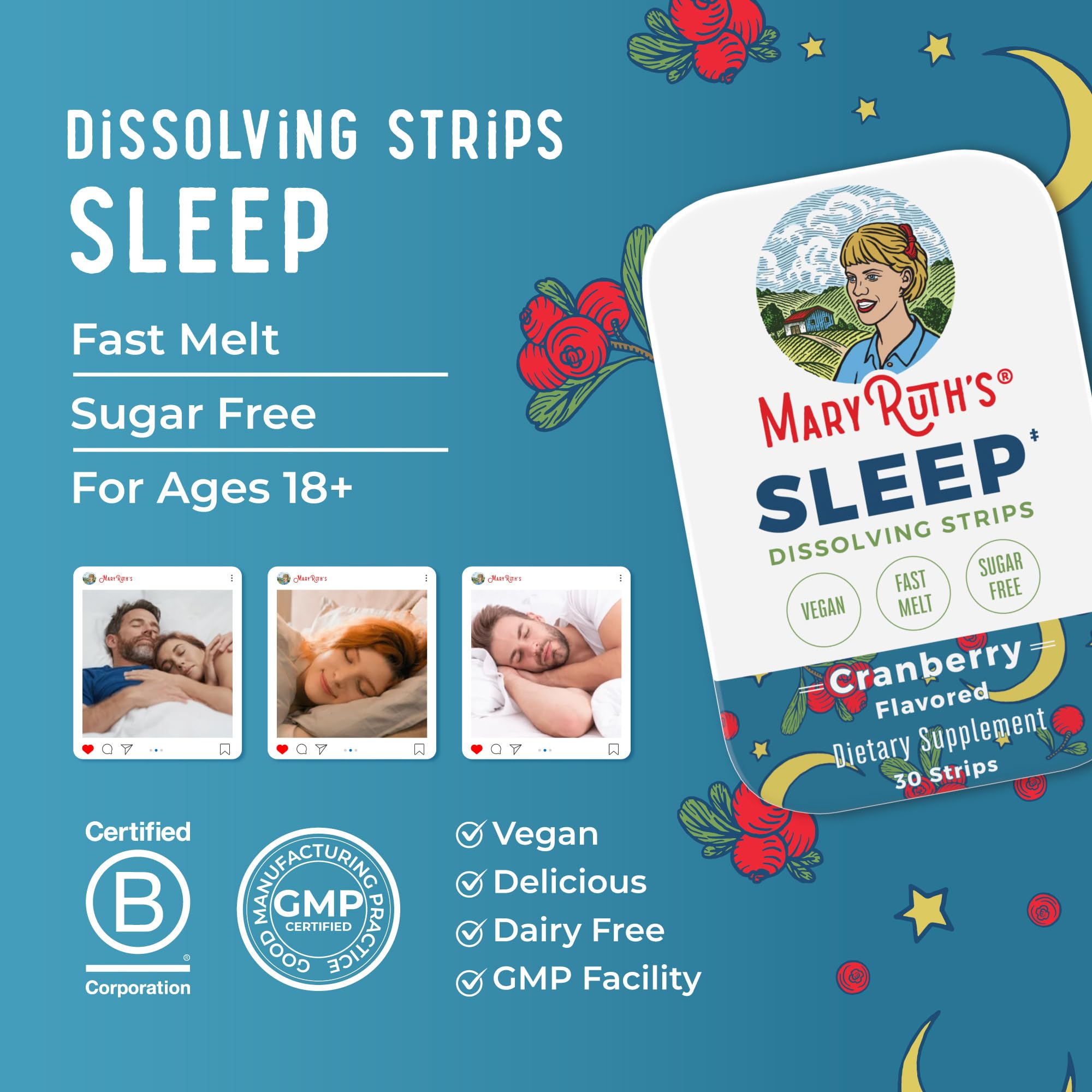 MARYRUTH'S Sleep Dissolving Strips displayed with a glass of water