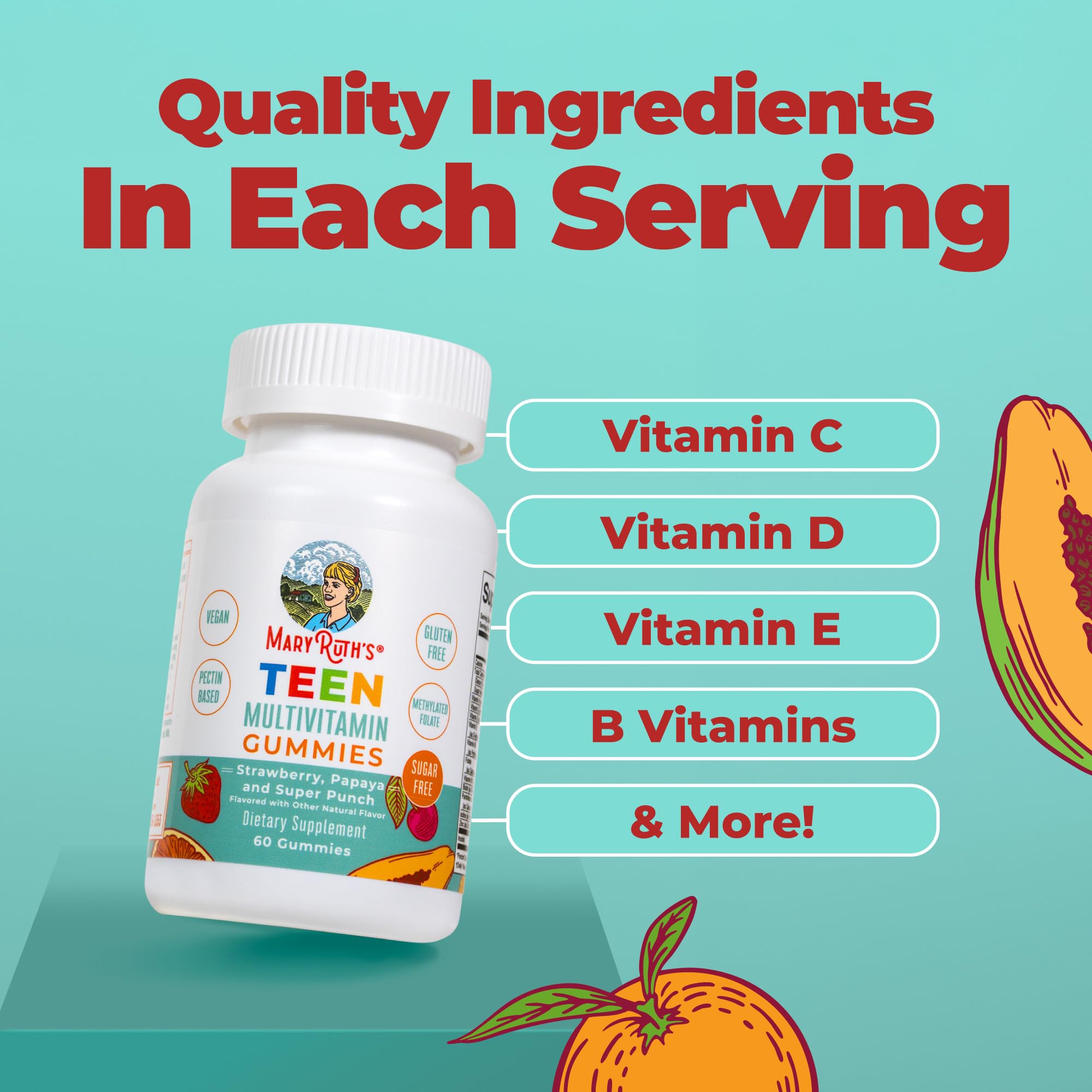 MARYRUTH'S Teen Multivitamin Gummies on a kitchen counter