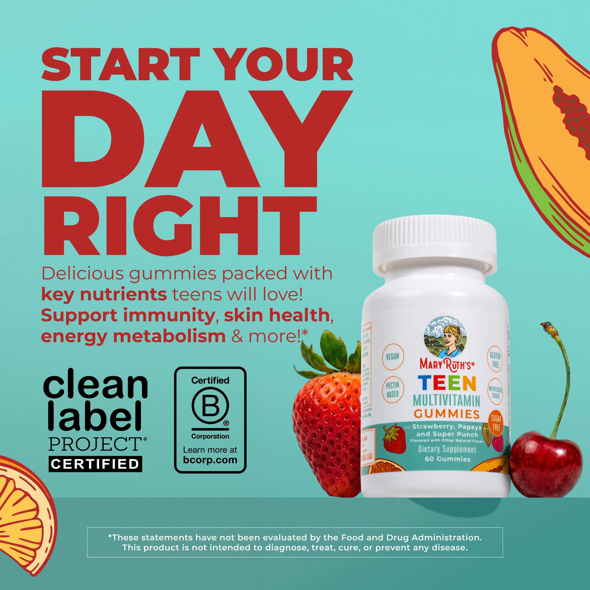 MARYRUTH'S Teen Multivitamin Gummies showing three flavours