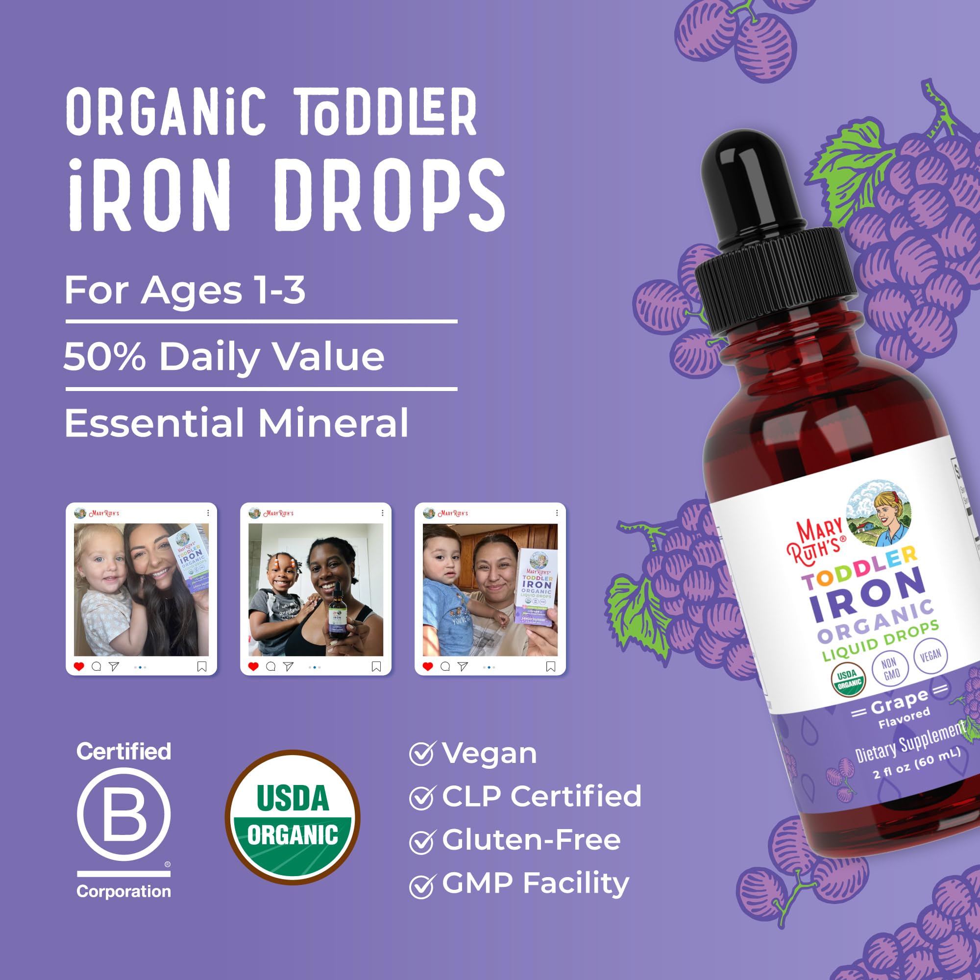 MARYRUTH'S Toddler Iron Organic Liquid Drops label close-up