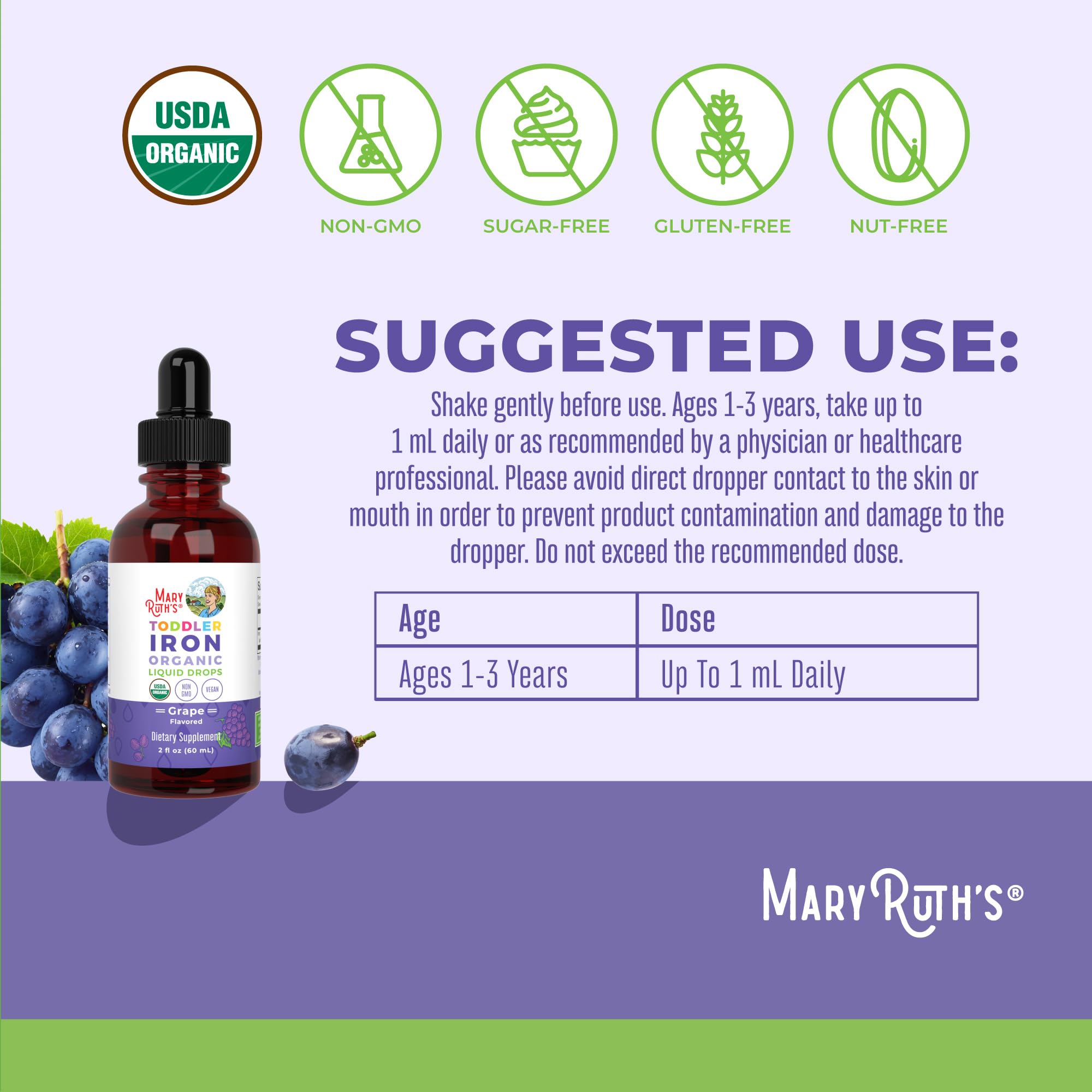 MARYRUTH'S Toddler Iron Organic Liquid Drops showing grape flavour