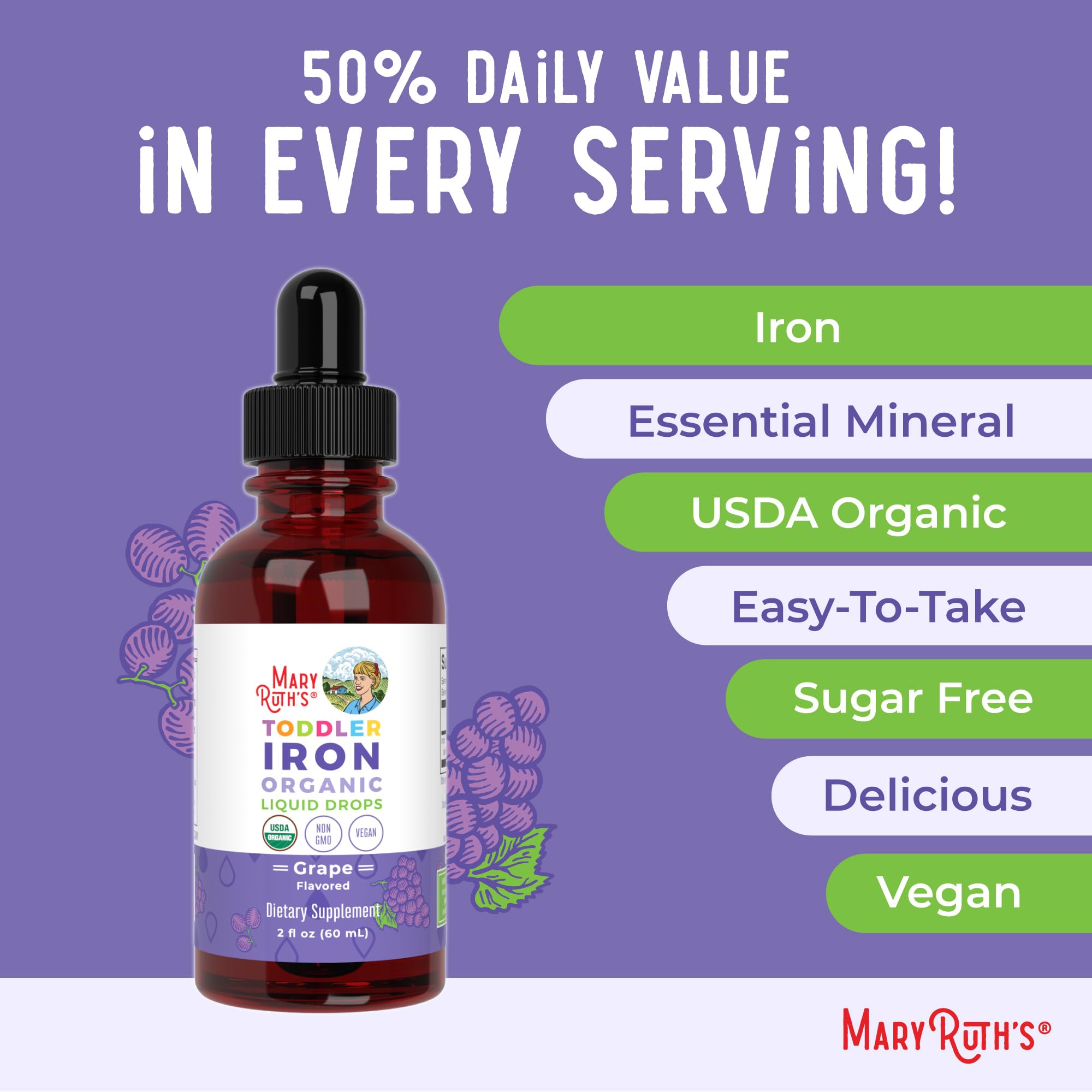 MARYRUTH'S Toddler Iron Organic Liquid Drops with a child-friendly cup