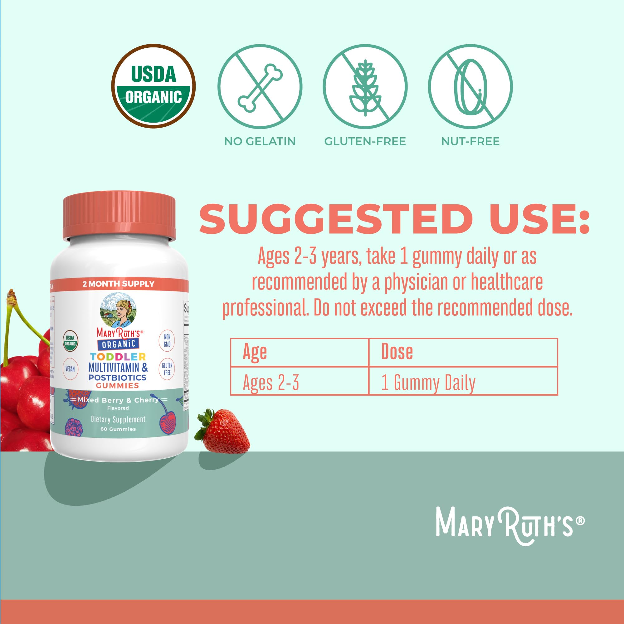 MARYRUTH'S Toddler Multivitamin Gummies cherry flavour