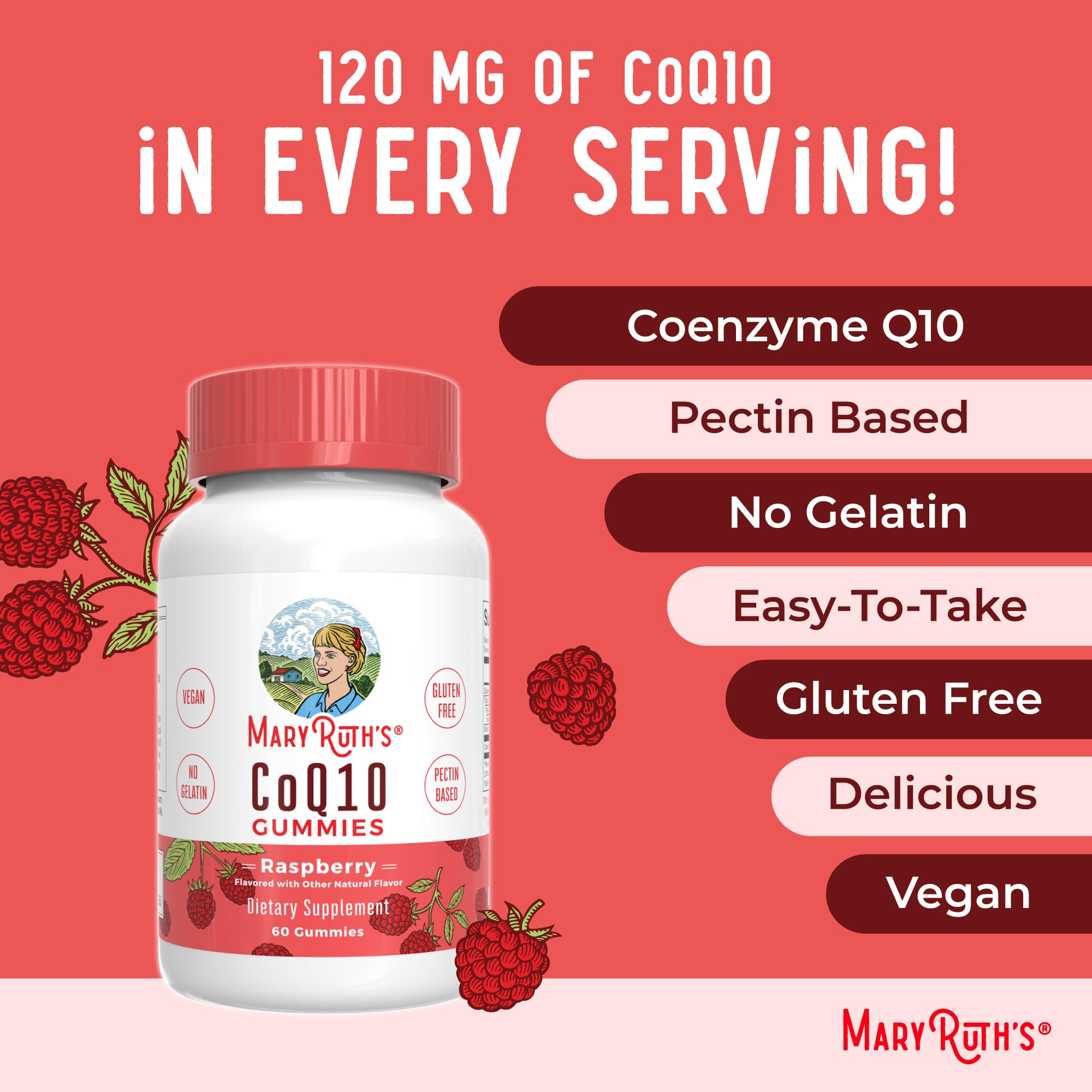MARYRUTH'S Vegan CoQ10 Gummies with fresh raspberries