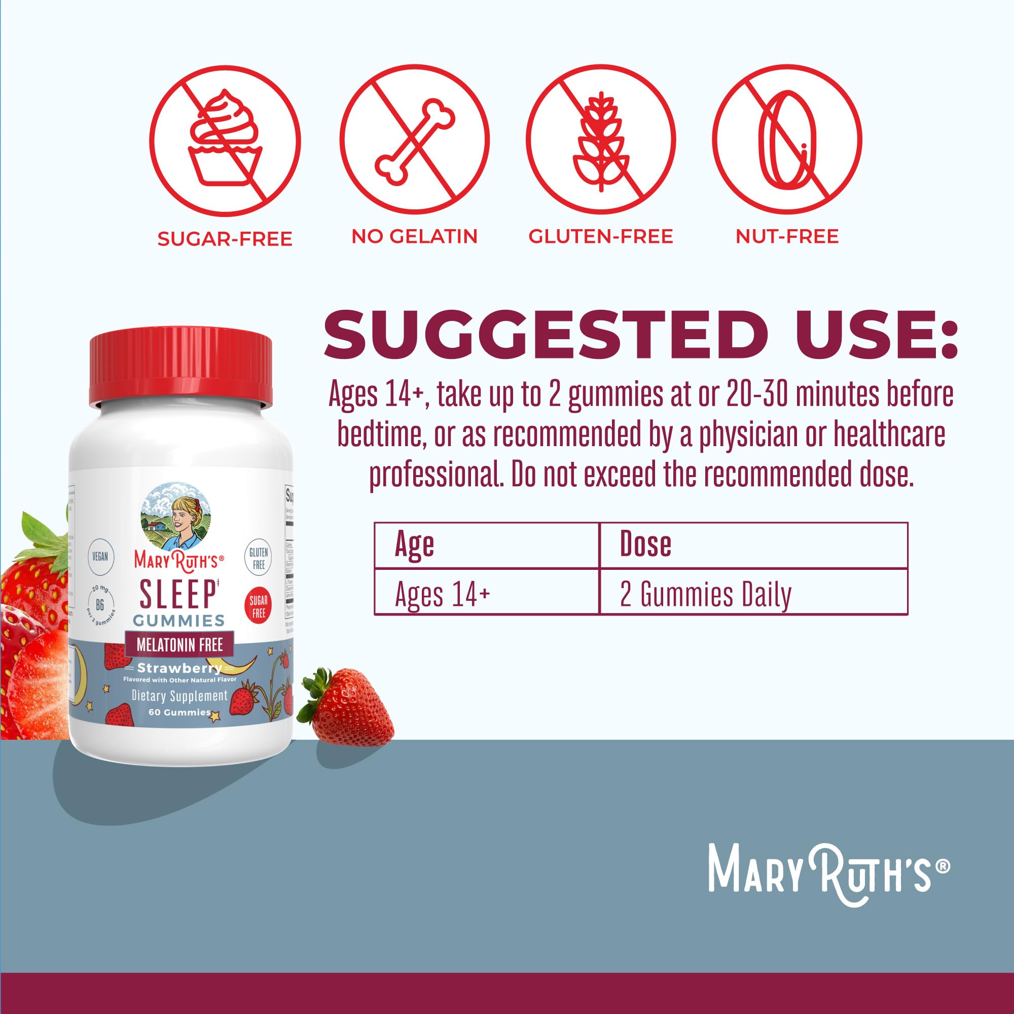 MARYRUTH'S Vegan Sleep Gummies on a wooden table