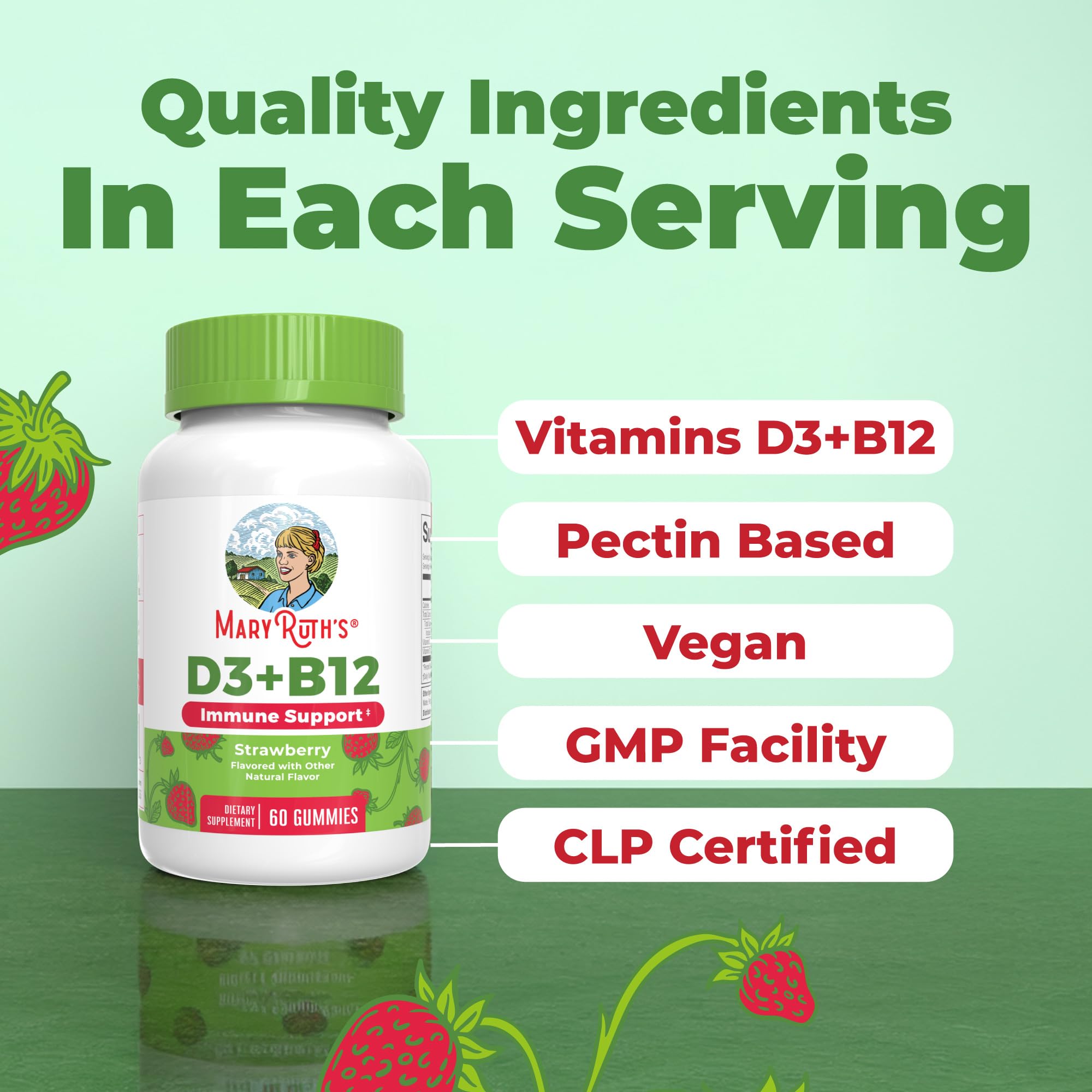 MARYRUTH'S Vitamin D3 + B12 Gummies on a wooden table