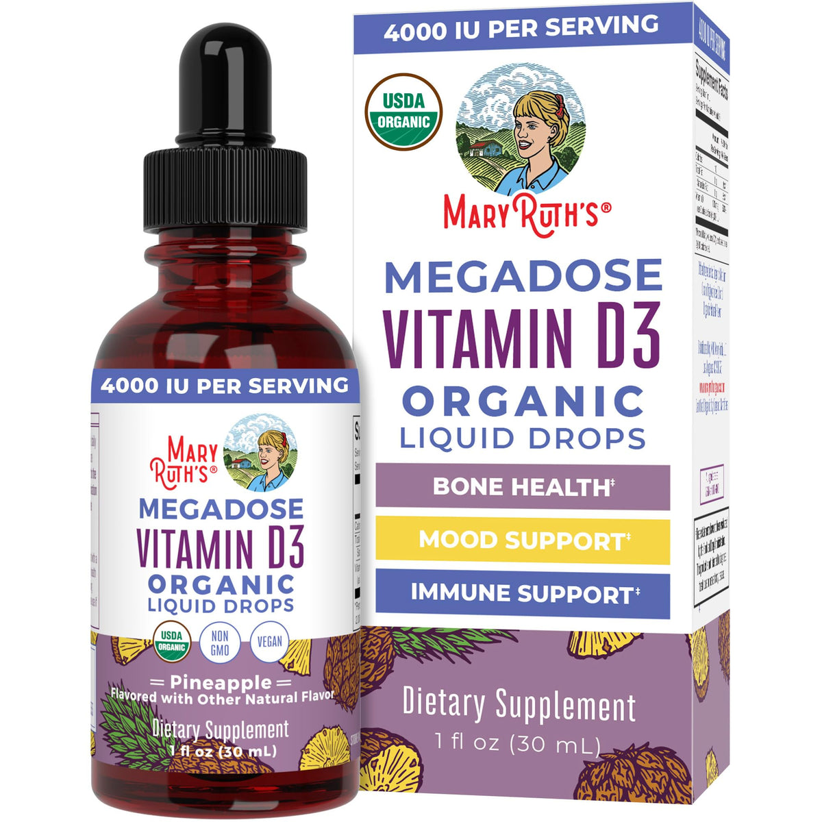 MARYRUTH'S Vitamin D3 Liquid Drops front view with packaging