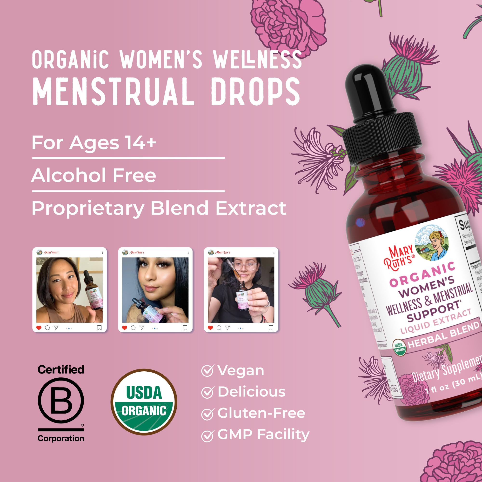 MARYRUTH'S Women's Wellness Herbal Drops displayed on a wooden table
